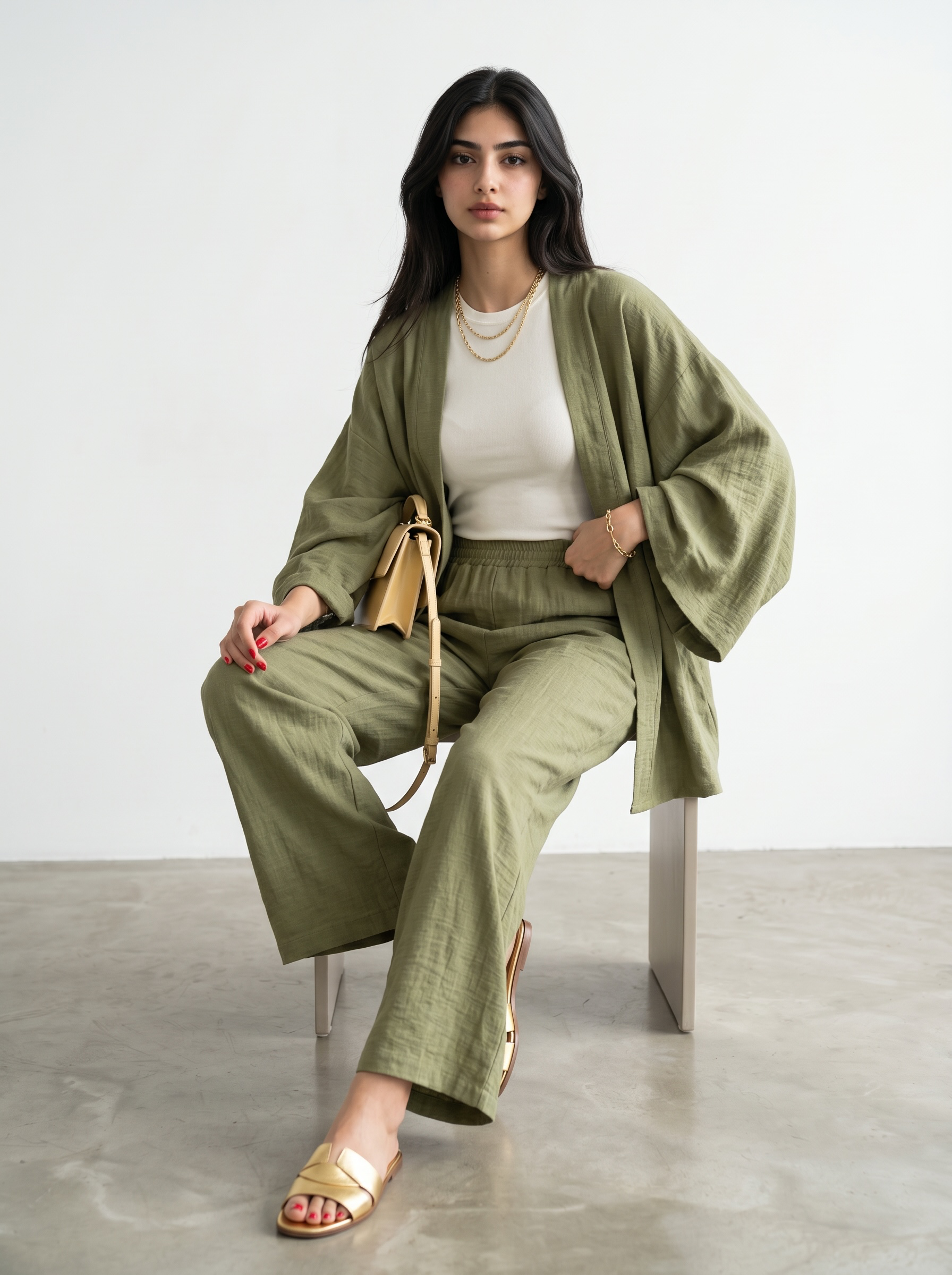 Short Kimono Co-ord Set – Wide Leg Pants (Green)