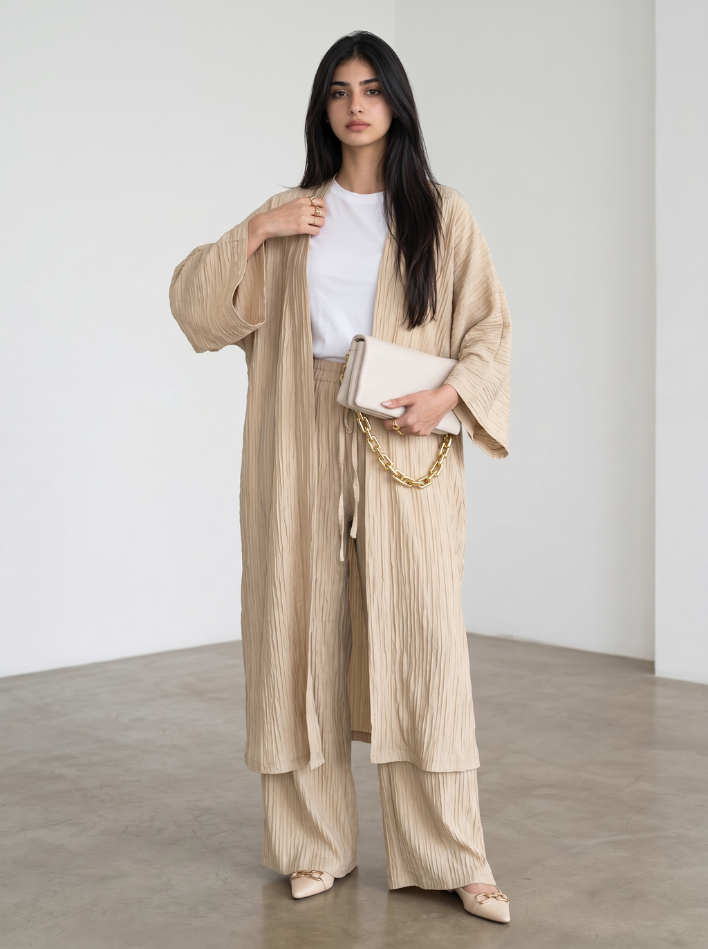 Long Kimono Co-ord Set – Wide Leg Pants (Sand)