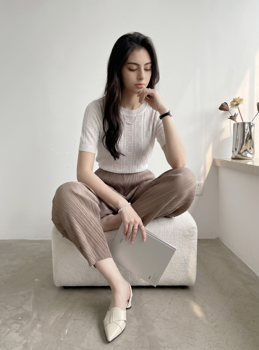 Pleated Wide Leg Leaf Pants (Mocha)