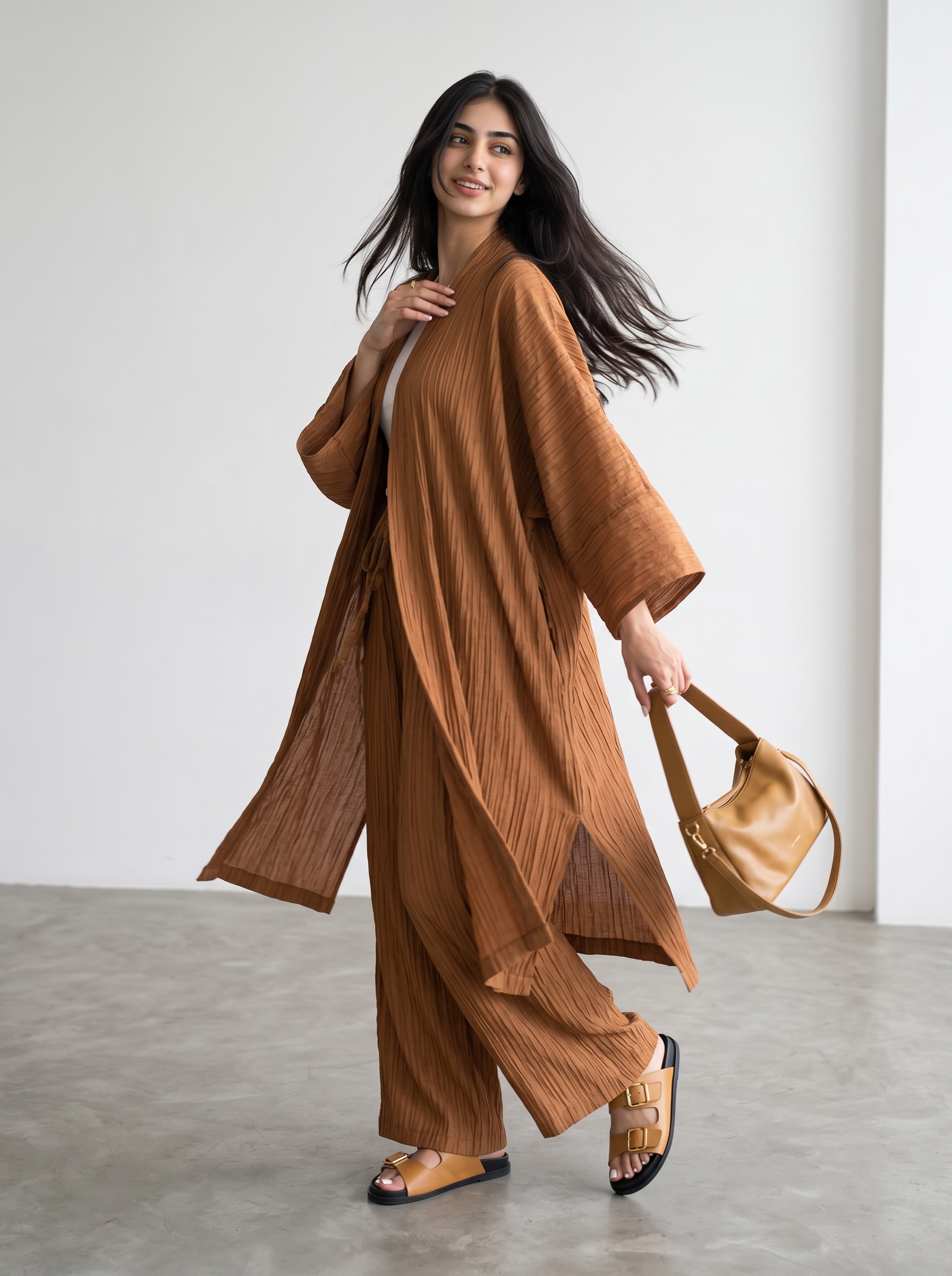 A woman modeling a matching brown pleated long-sleeve tunic and wide-leg pants set, holding a tan shoulder bag in a minimalist studio setting.