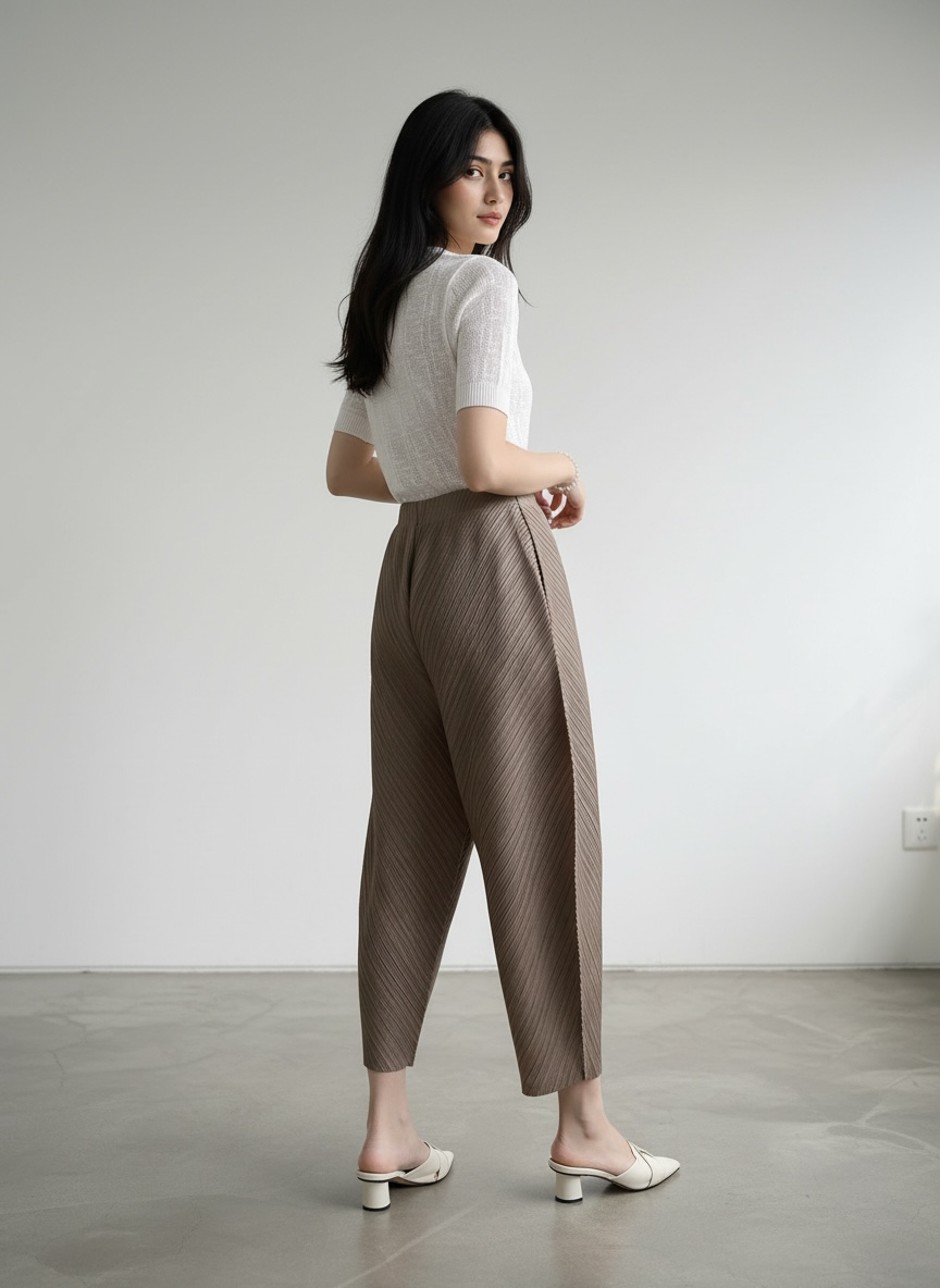 Pleated Wide Leg Leaf Pants (Mocha)