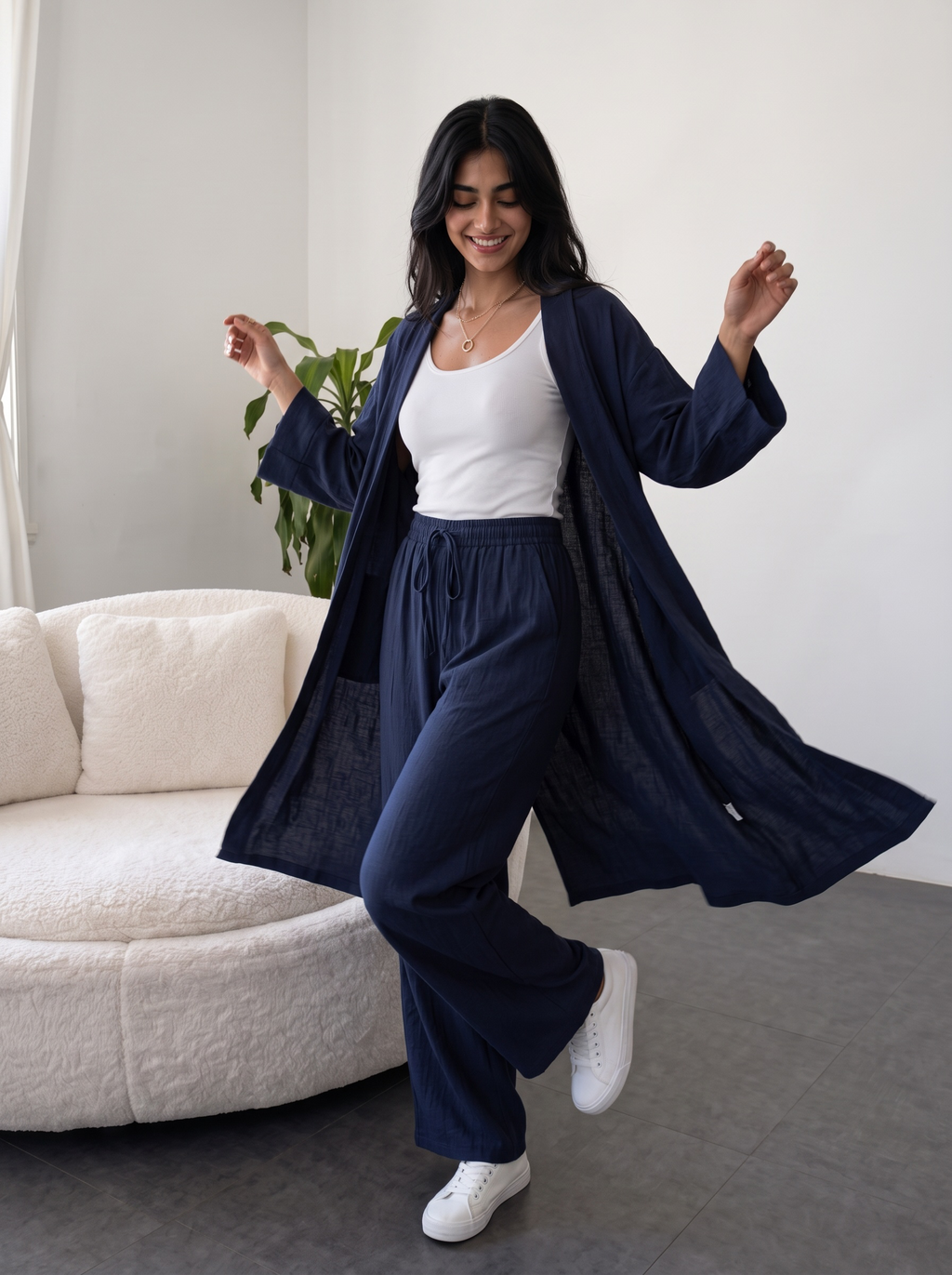Kimono Co-ord Set, Wide Leg Pants (Navy)