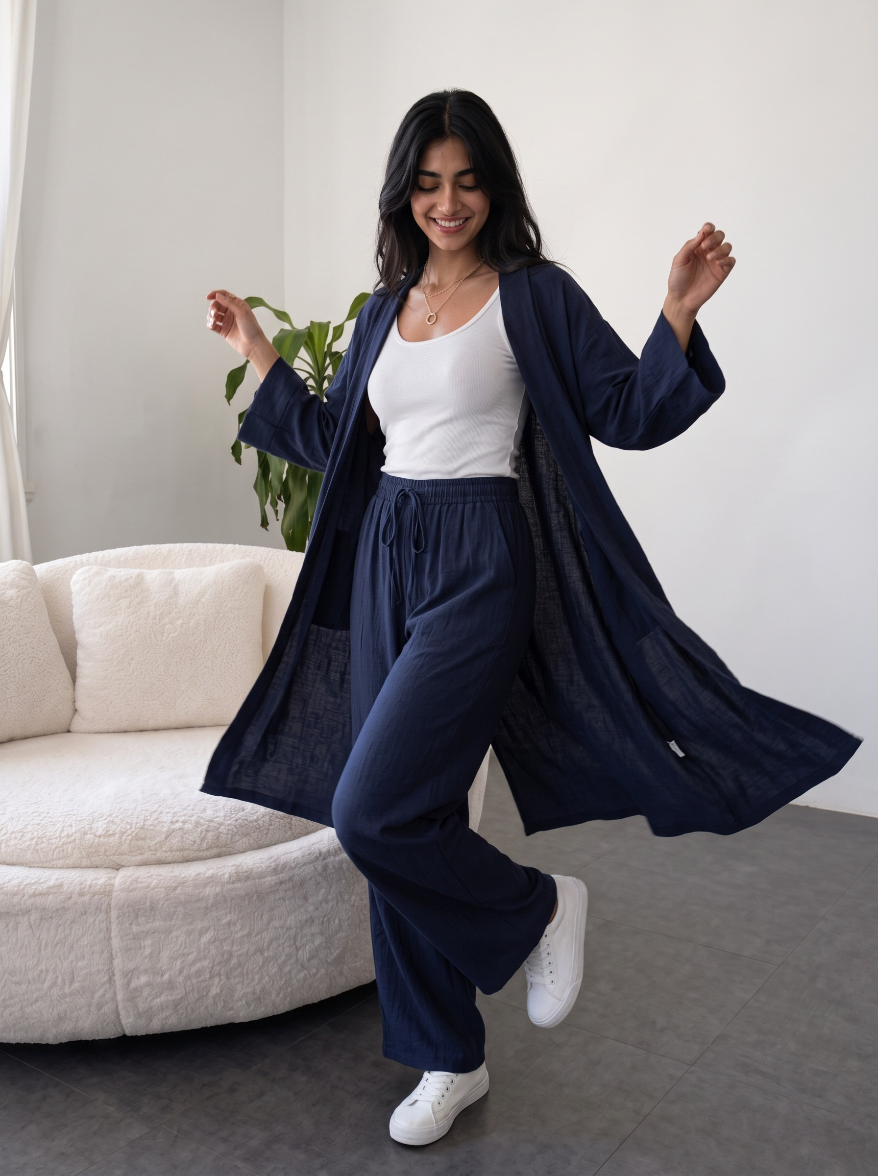 Kimono Co-ord Set, Wide Leg Pants (Navy)