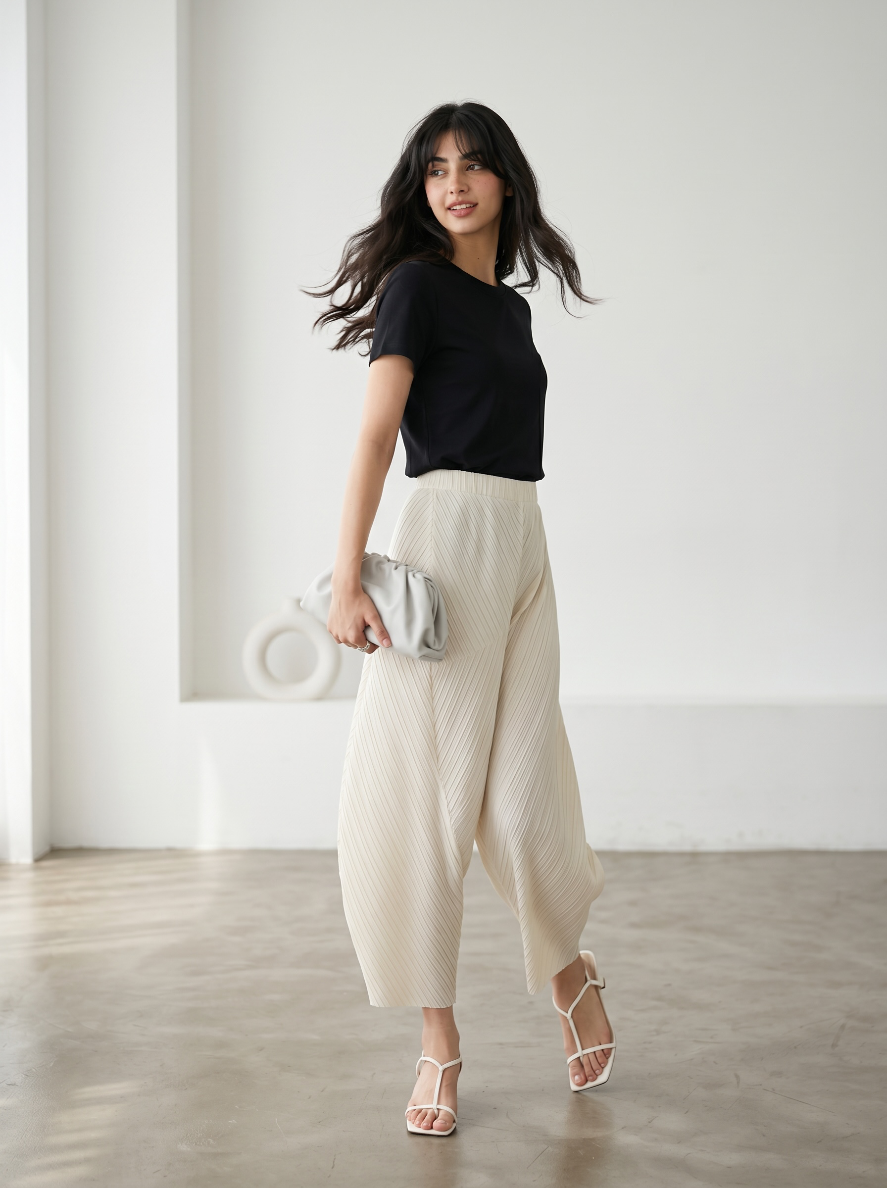 Pleated Wide Leg Leaf Pants (Cream)