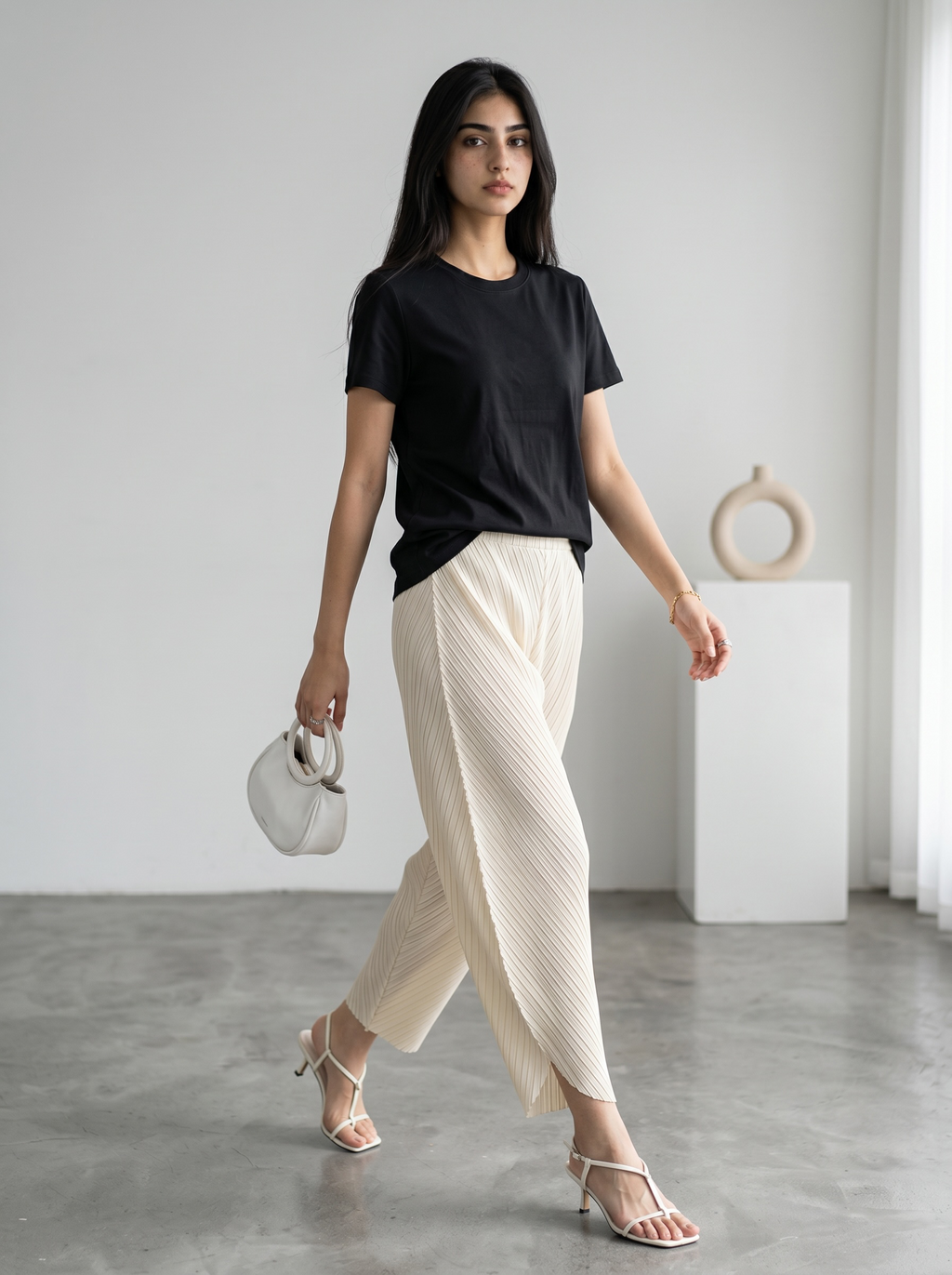 Pleated Wide Leg Leaf Pants (Cream)