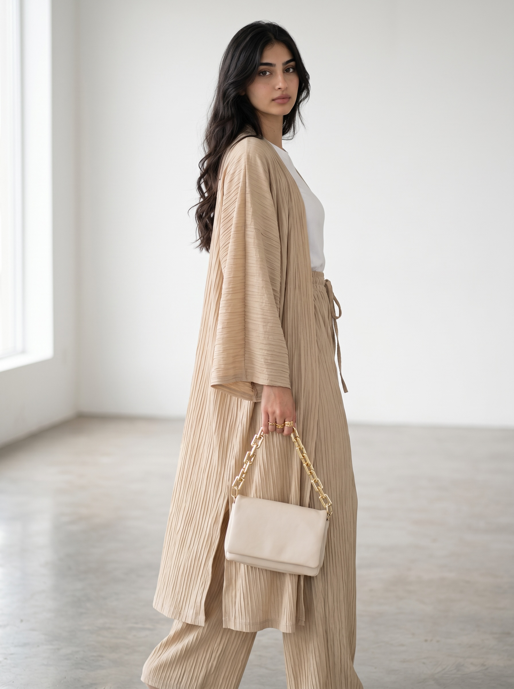 Long Kimono Co-ord Set – Wide Leg Pants (Sand)