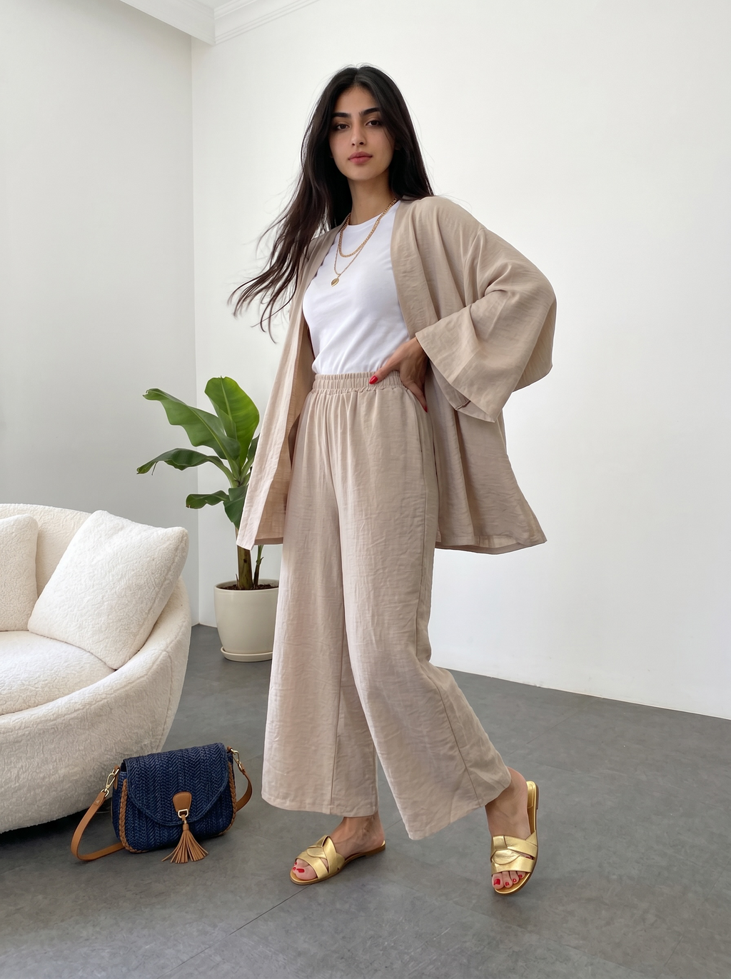 Short Kimono Co-ord Set – Wide Leg Pants (Beige)
