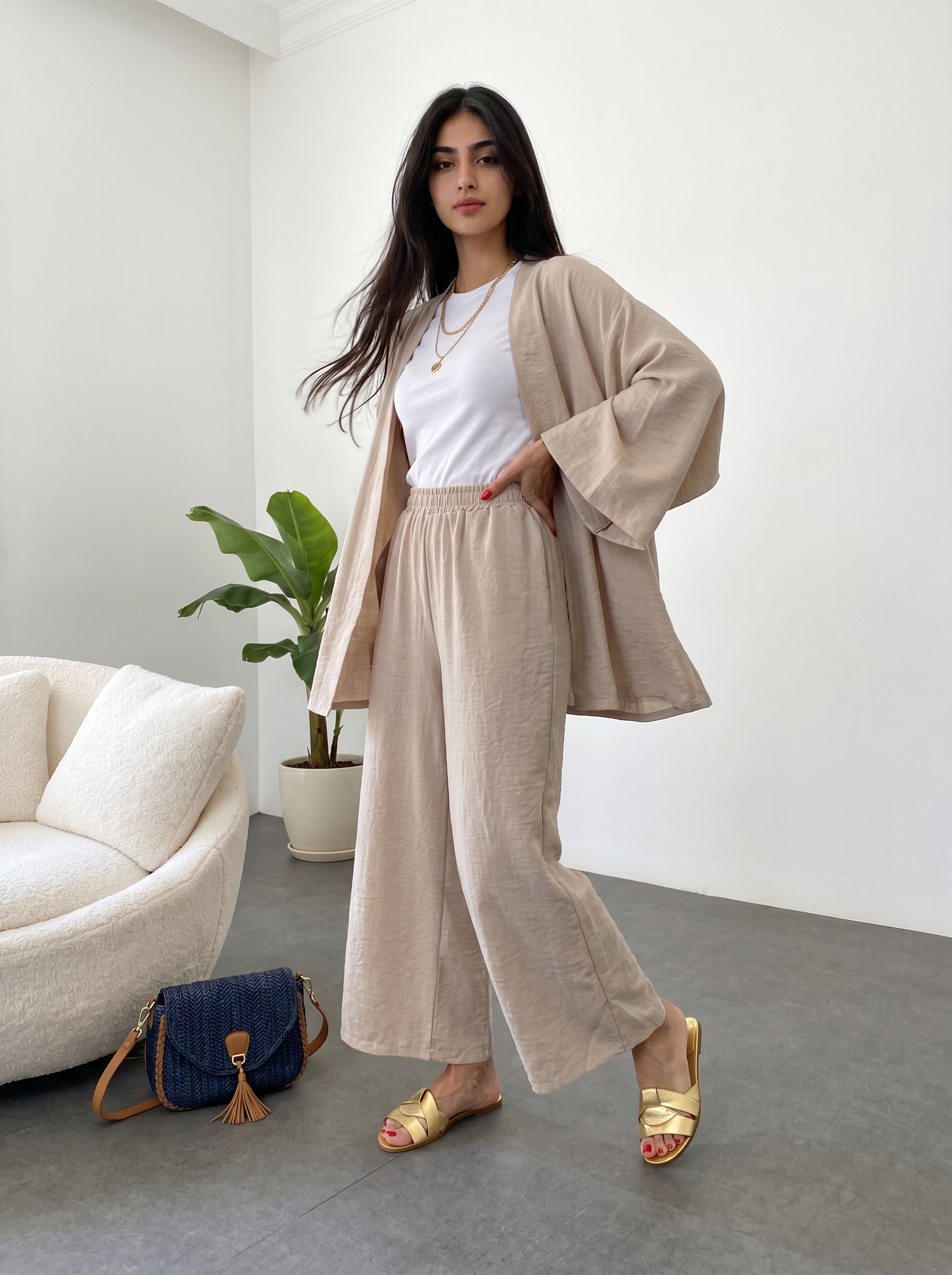 Short Kimono Co-ord Set – Wide Leg Pants (Beige)
