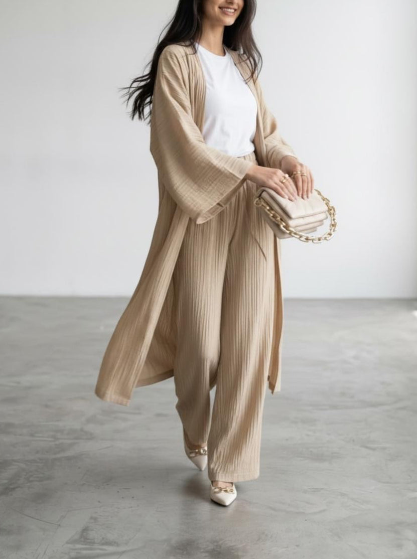 Long Kimono Co-ord Set – Wide Leg Pants (Sand)