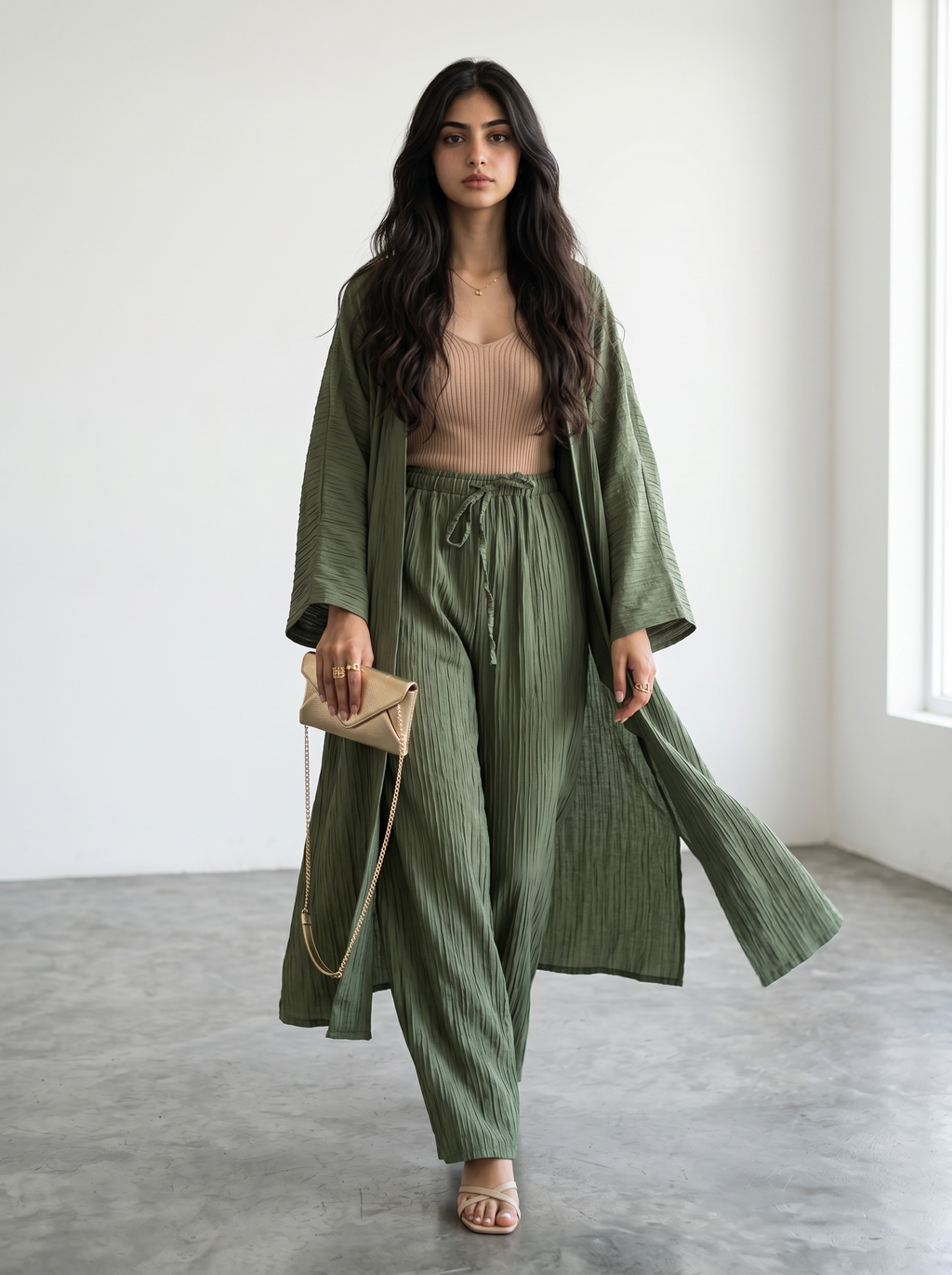 Long Kimono Co-ord Set – Wide Leg Pants sage green)