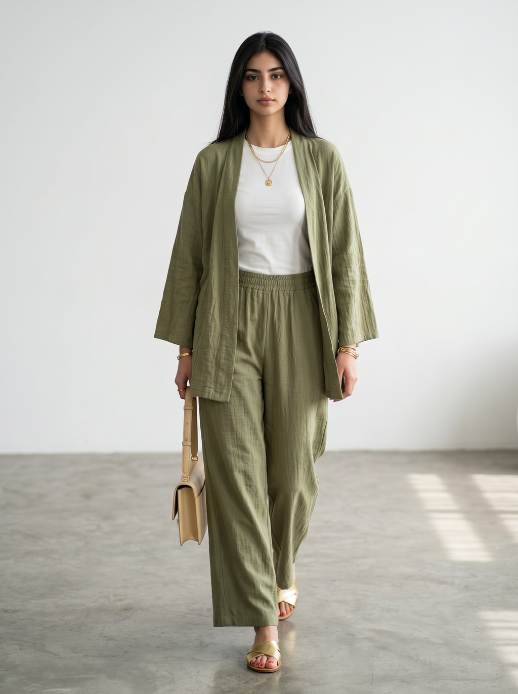 Short Kimono Co-ord Set – Wide Leg Pants (Green)
