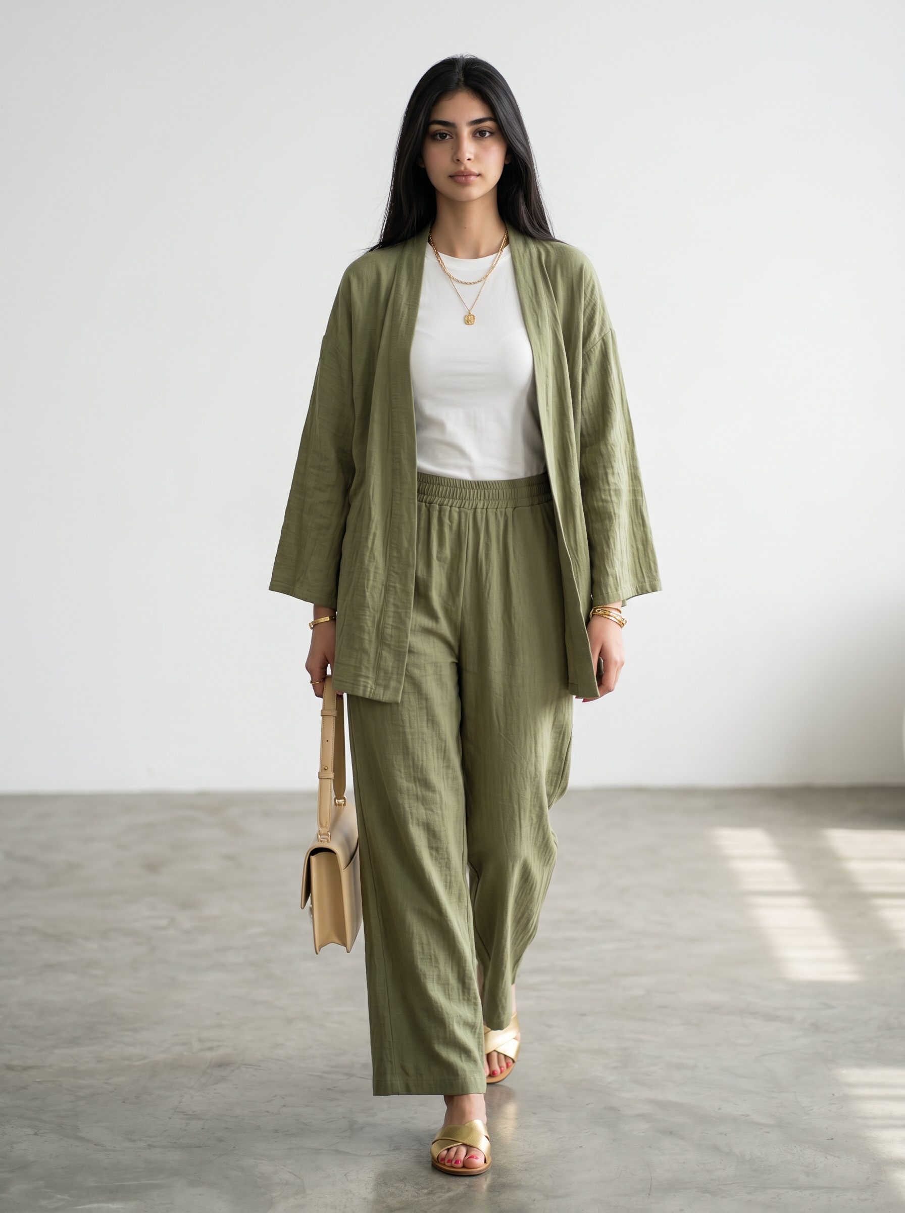 Short Kimono Co-ord Set – Wide Leg Pants (Green)