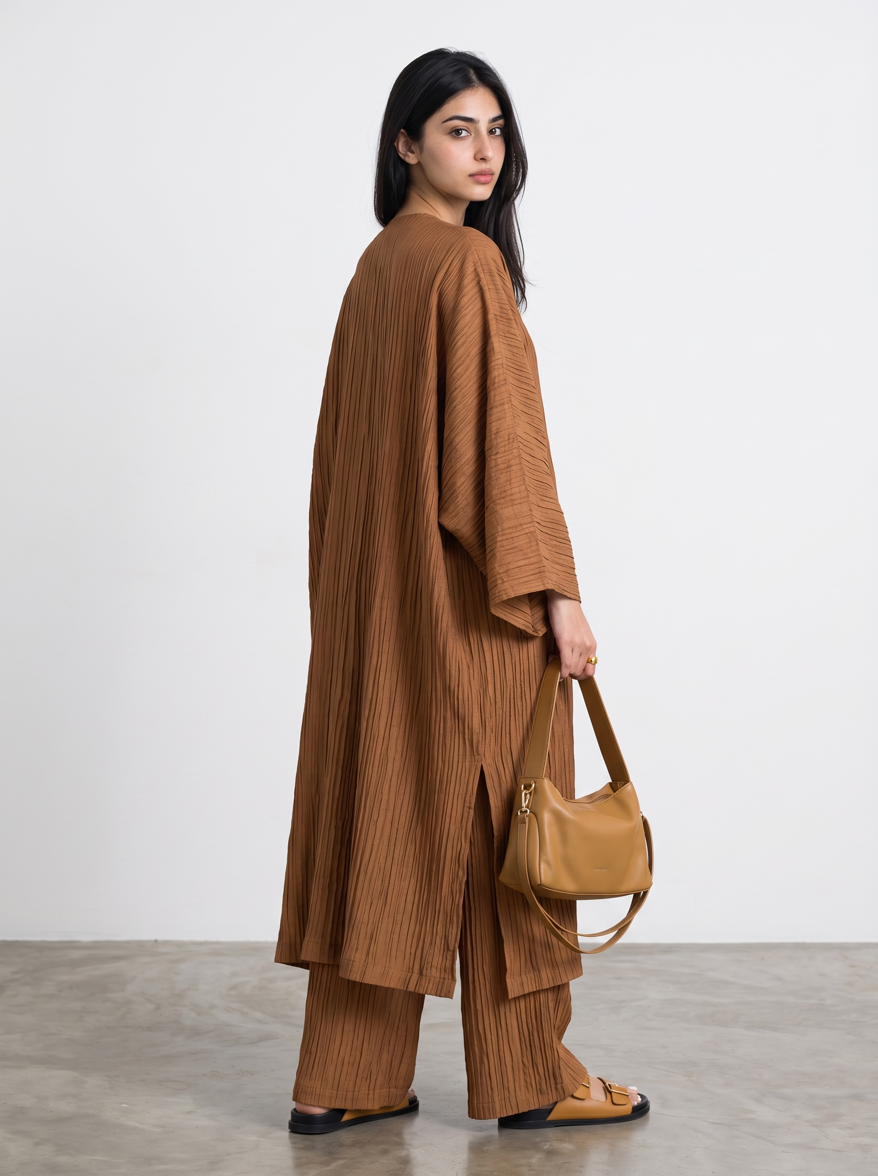 Long Kimono Co-ord Set, Wide Leg Pants (Rust)