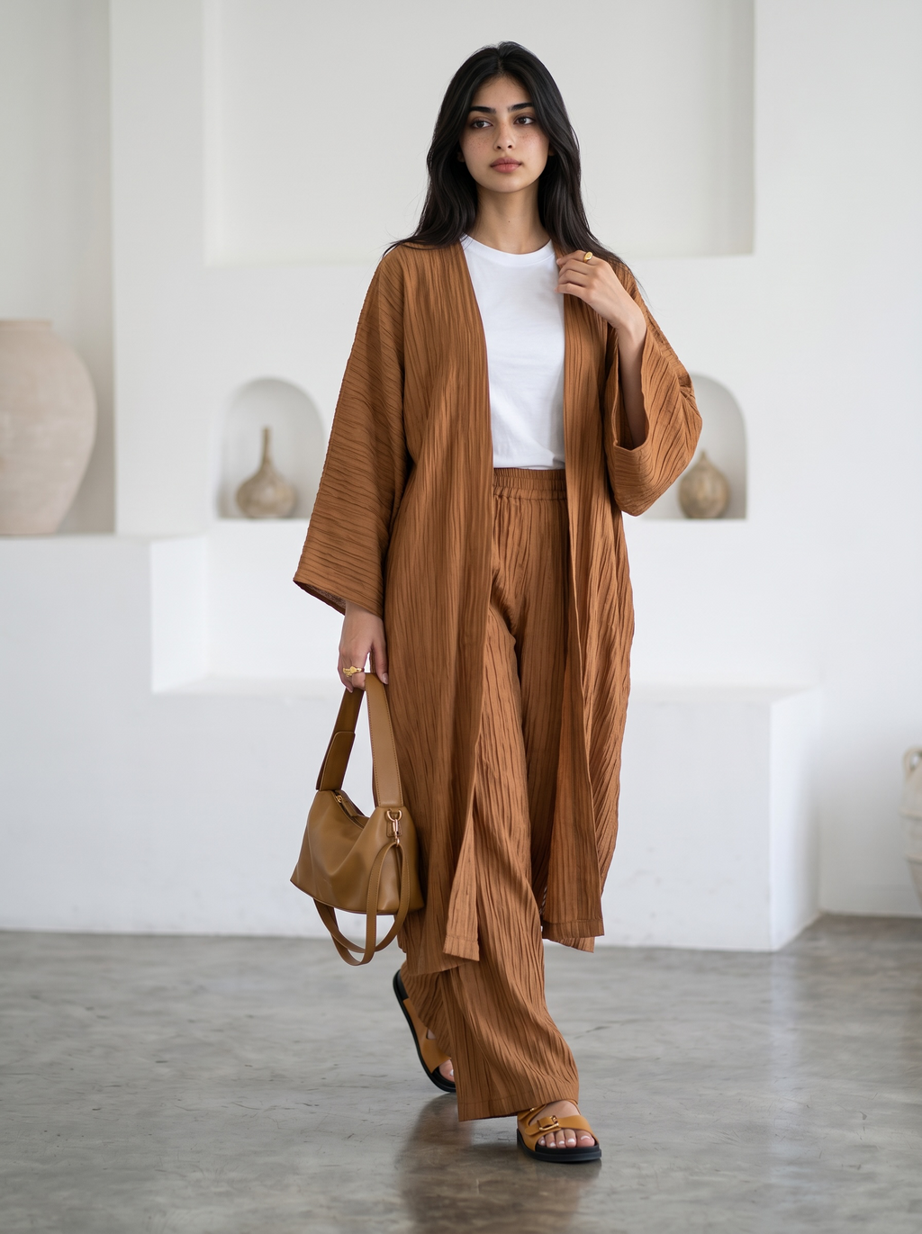 Long Kimono Co-ord Set, Wide Leg Pants (Rust)