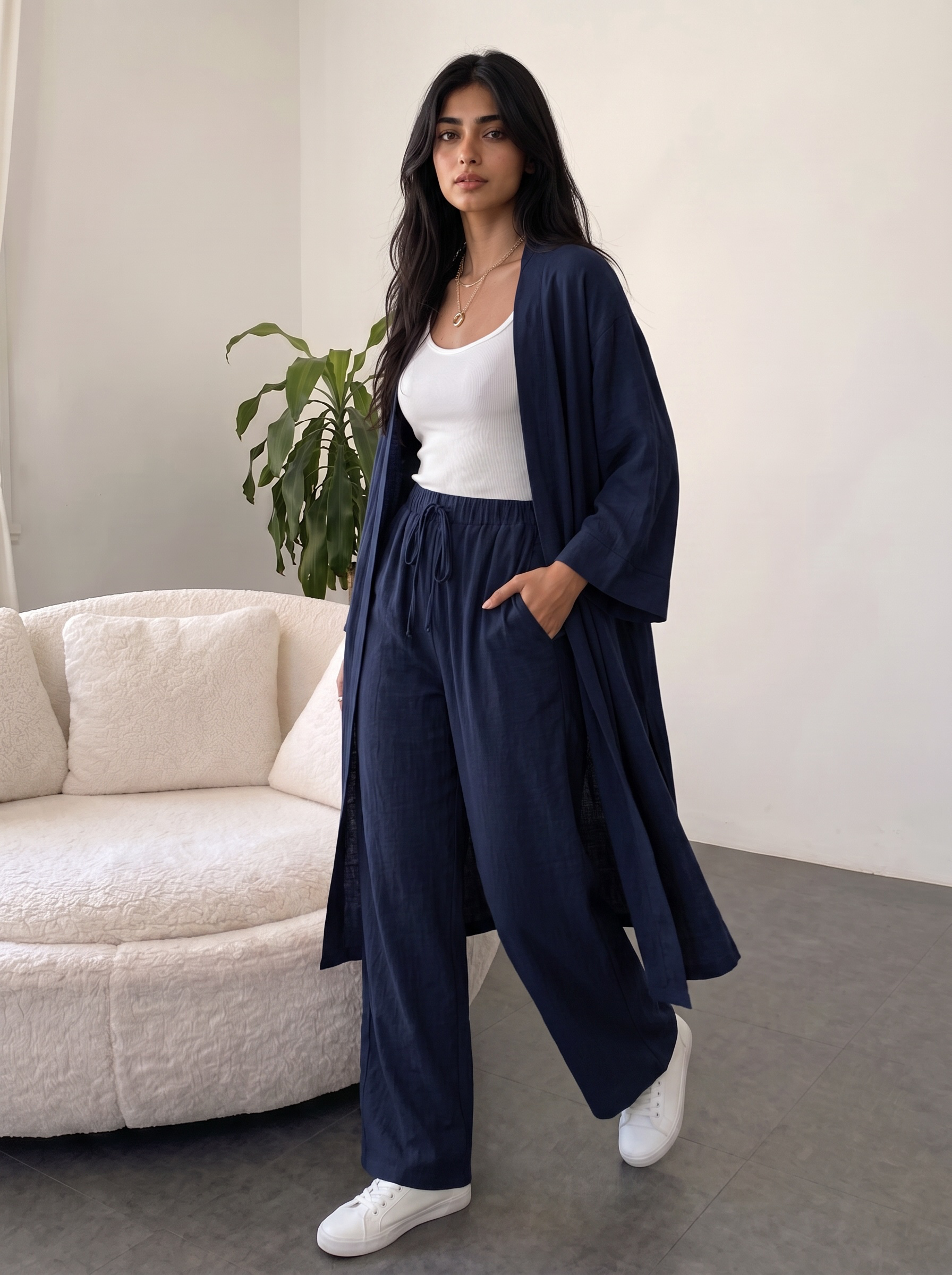 Kimono Co-ord Set, Wide Leg Pants (Navy)