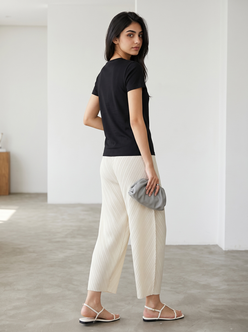 Pleated Wide Leg Leaf Pants (Cream)