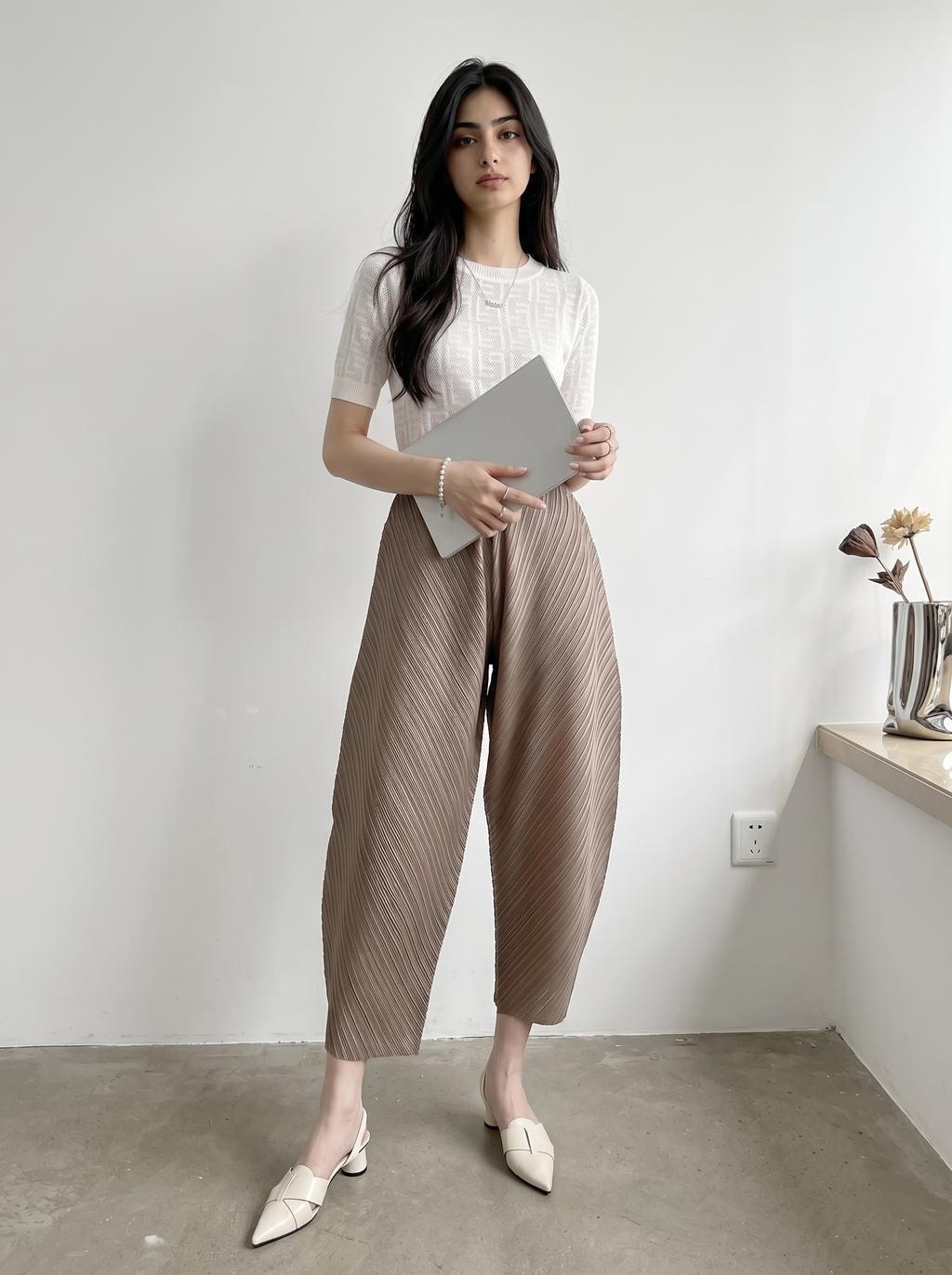Pleated Wide Leg Leaf Pants (Mocha)