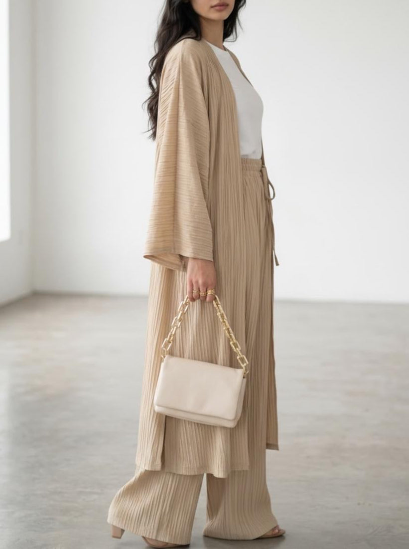 Long Kimono Co-ord Set – Wide Leg Pants (Sand)