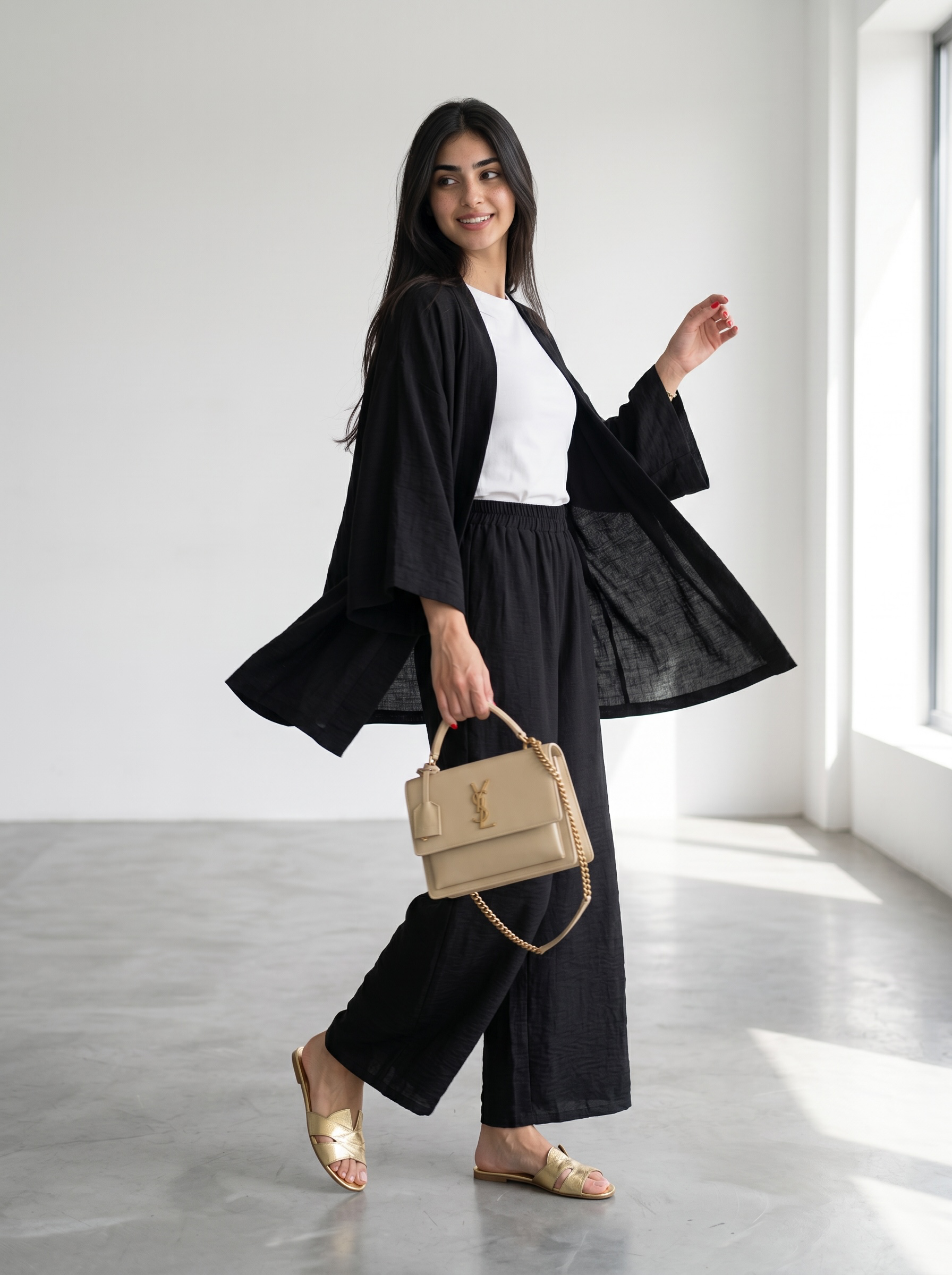 Short Kimono Co-ord Set – Wide Leg Pants (Black)