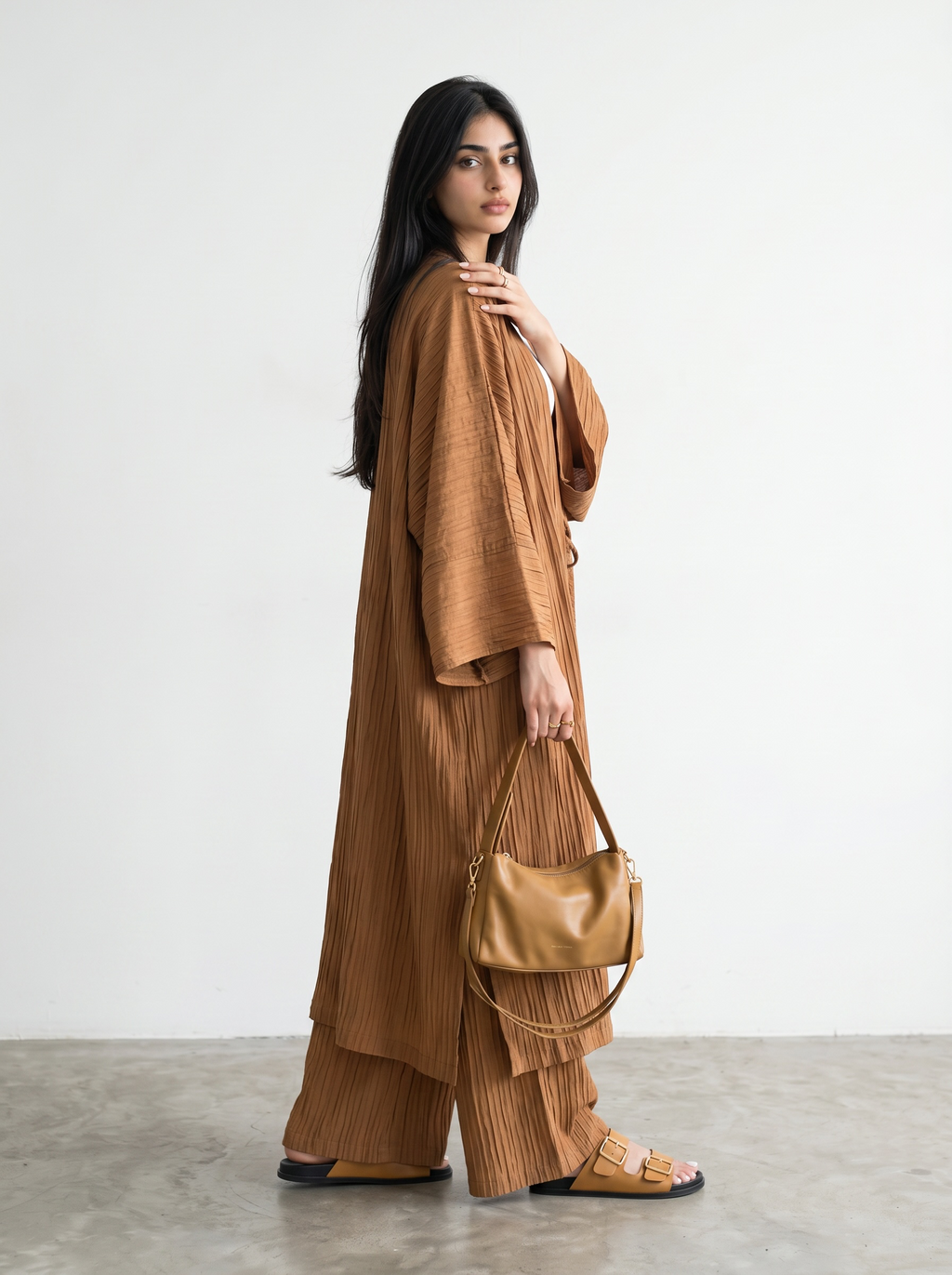 Long Kimono Co-ord Set, Wide Leg Pants (Rust)