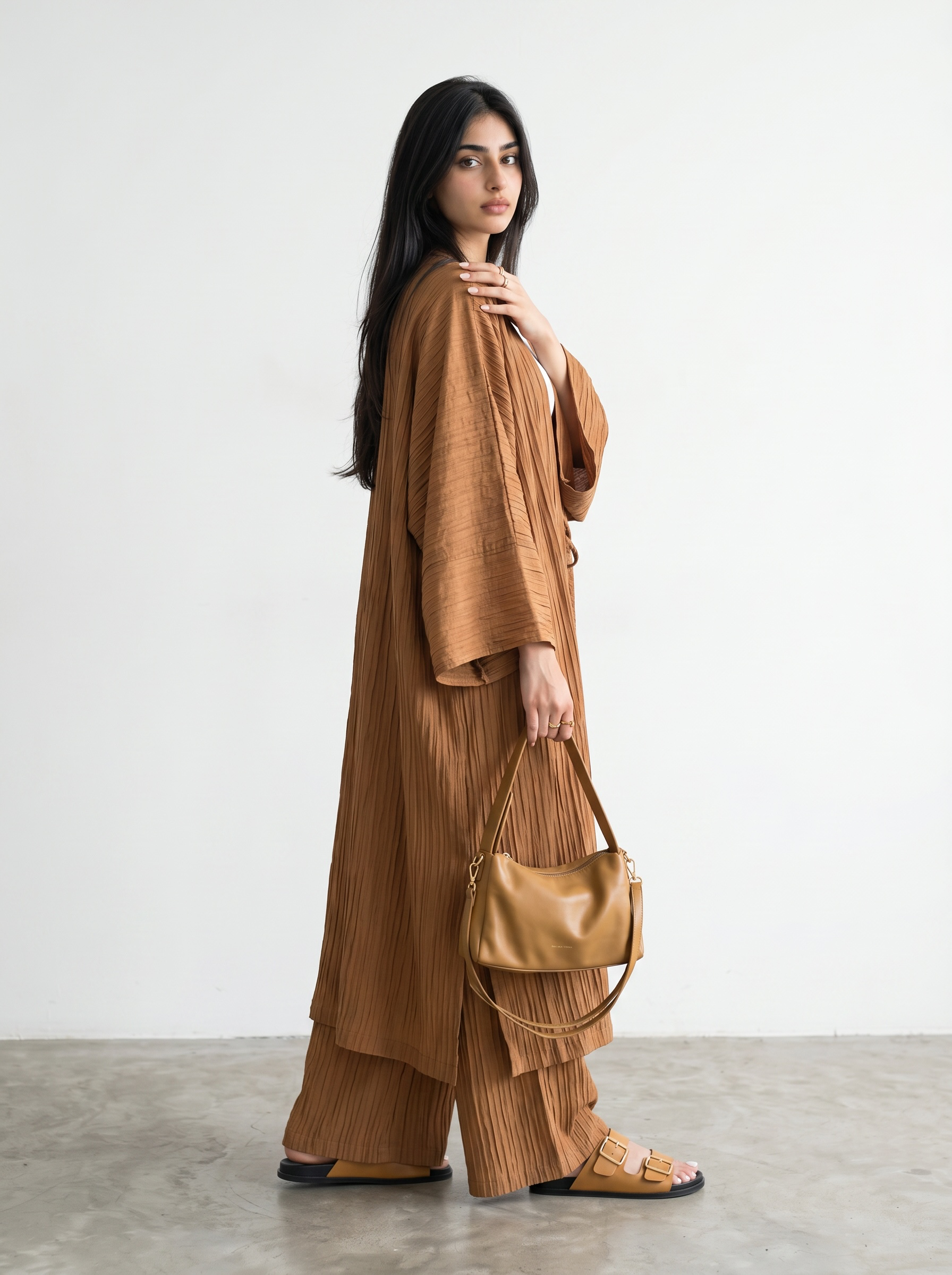 Long Kimono Co-ord Set, Wide Leg Pants (Rust)