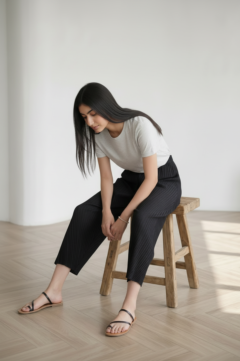 Pleated Wide Leg Leaf Pants (Black)