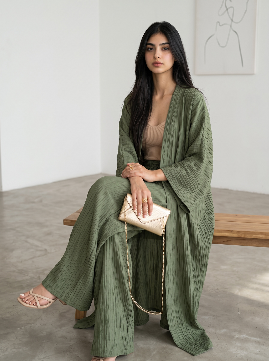 Long Kimono Co-ord Set – Wide Leg Pants sage green)