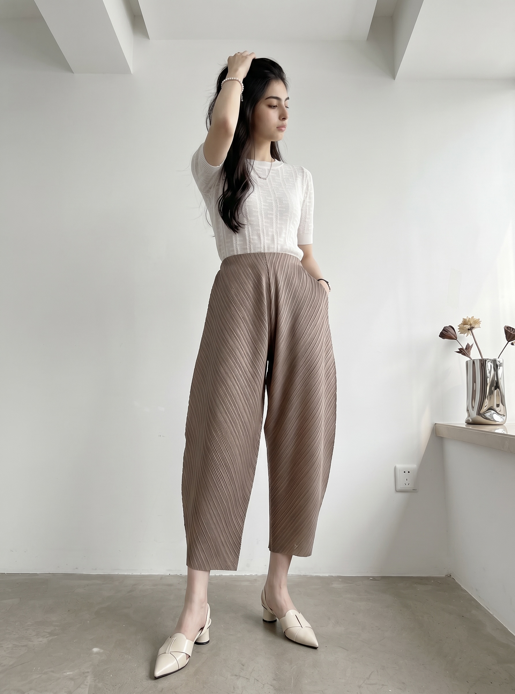 Pleated Wide Leg Leaf Pants (Mocha)