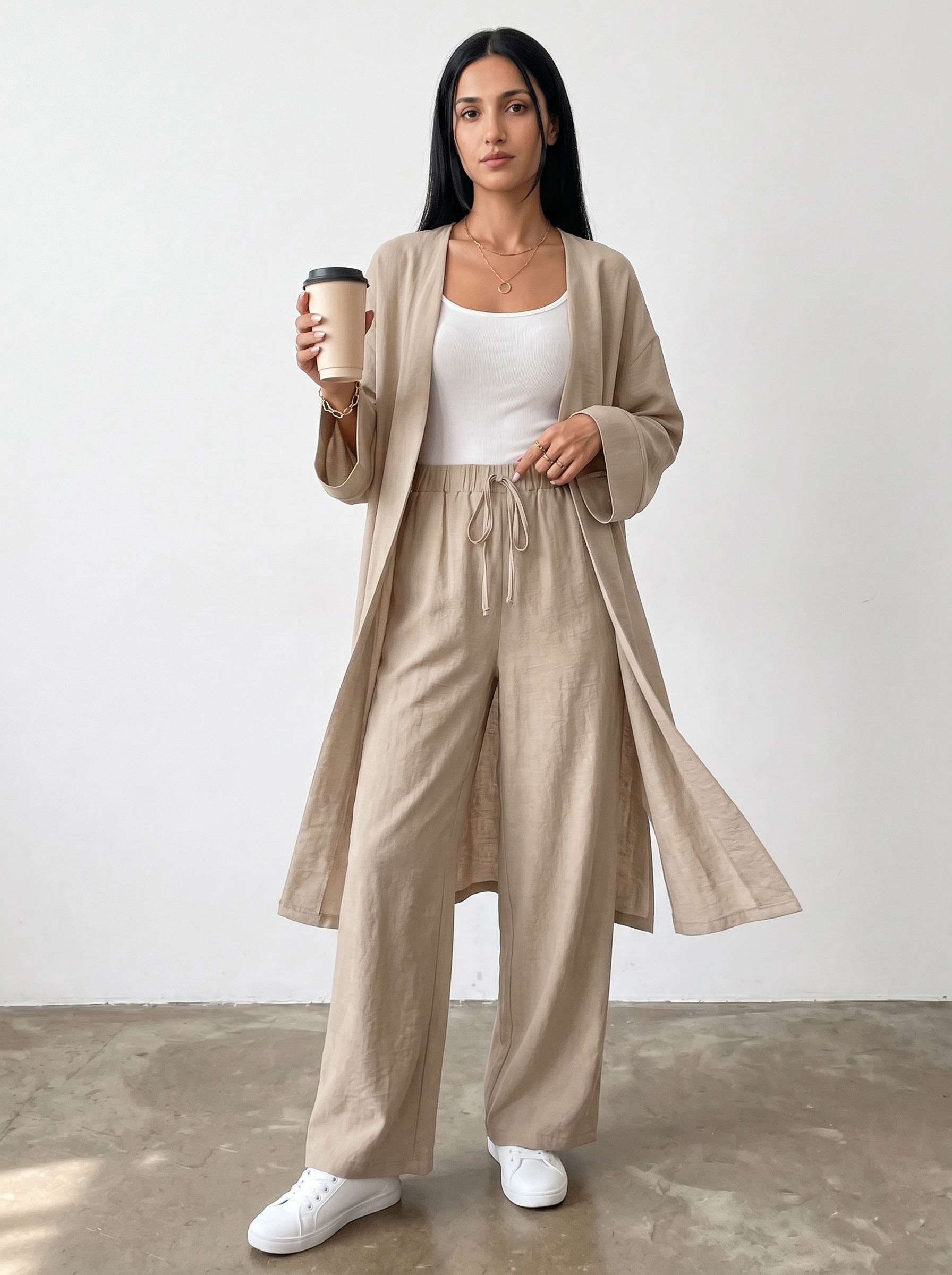 Kimono Co-ord Set, Wide Leg Pants (Taupe)