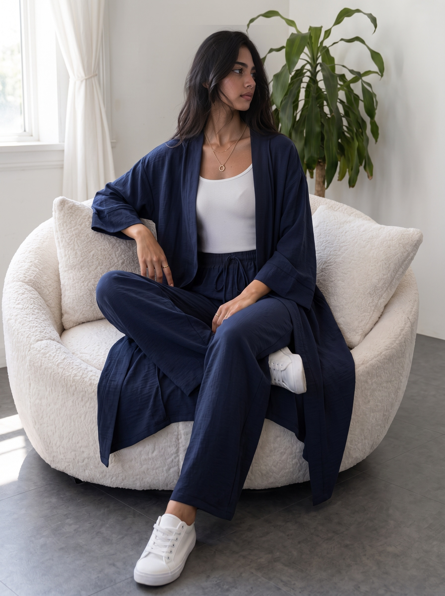 Kimono Co-ord Set, Wide Leg Pants (Navy)