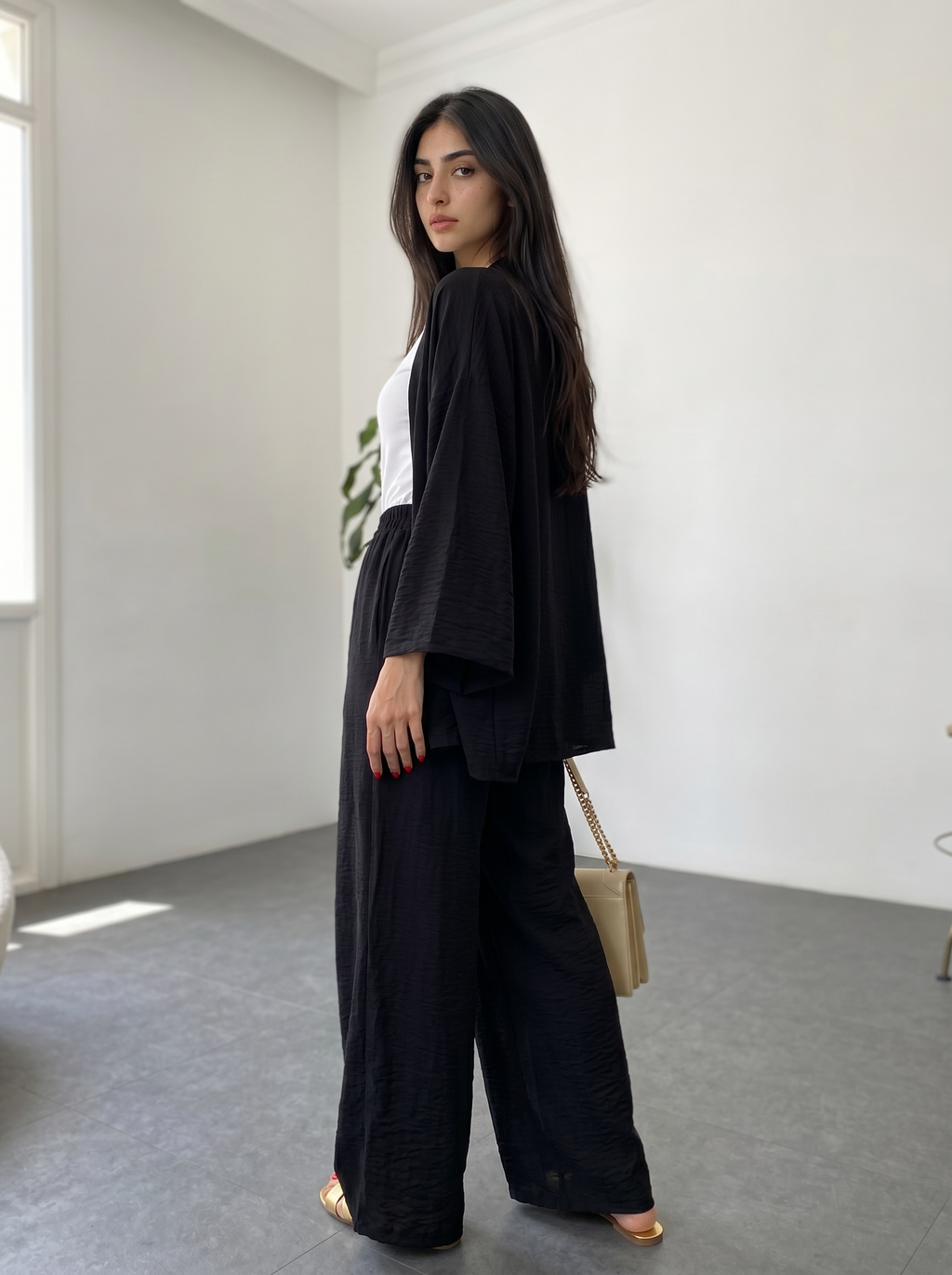 Short Kimono Co-ord Set – Wide Leg Pants (Black)