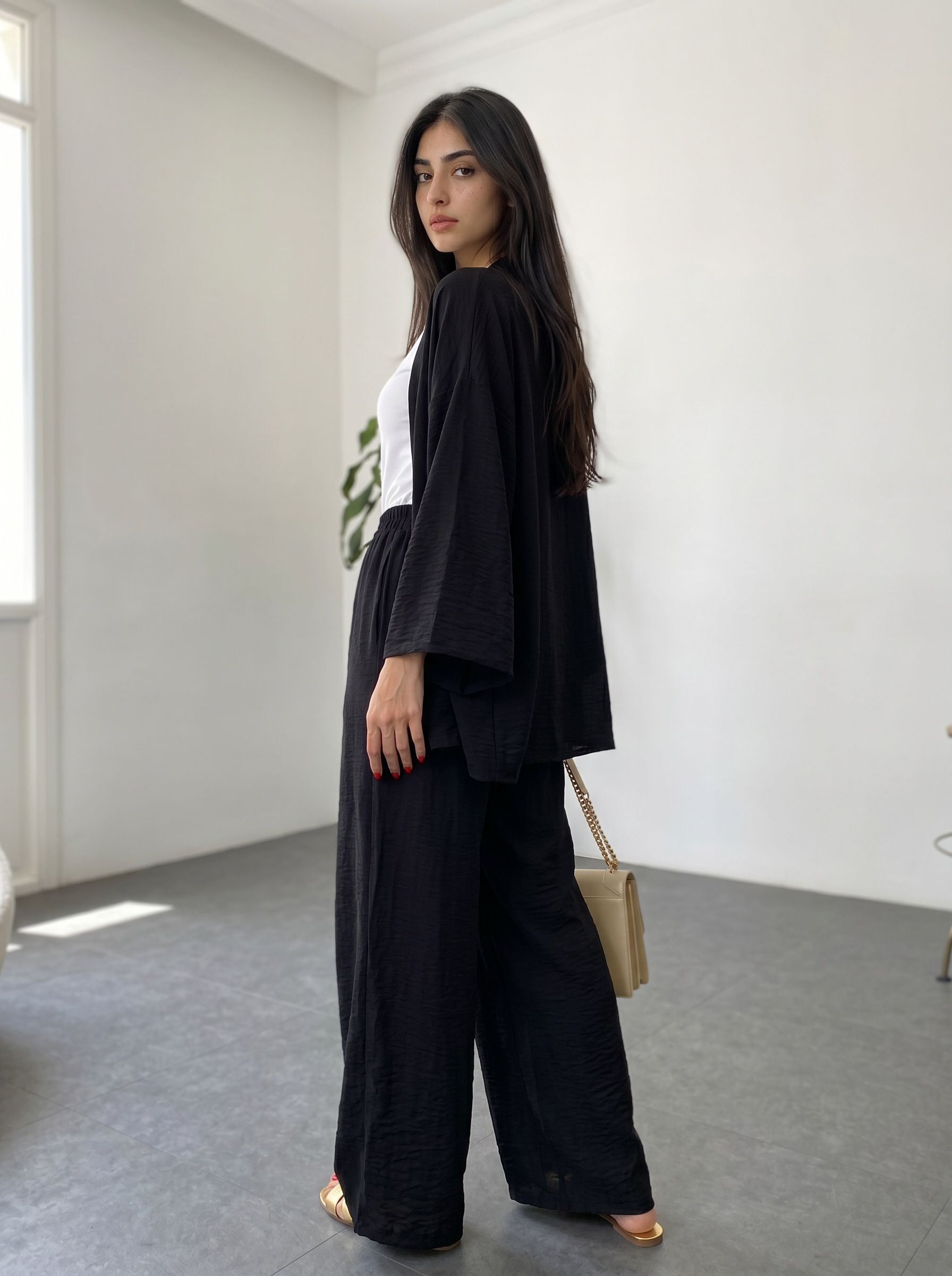 Short Kimono Co-ord Set – Wide Leg Pants (Black)