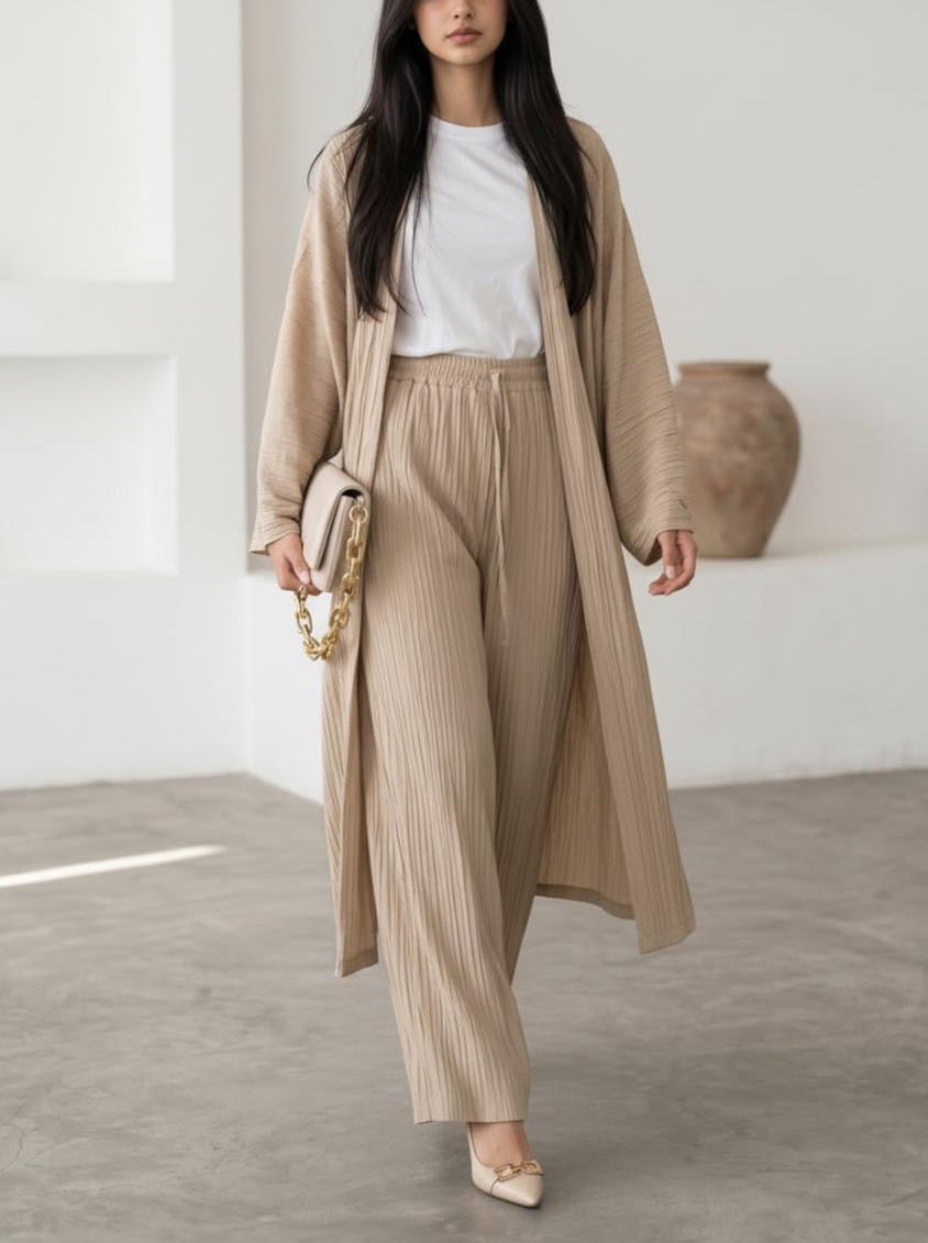 Long Kimono Co-ord Set – Wide Leg Pants (Sand)