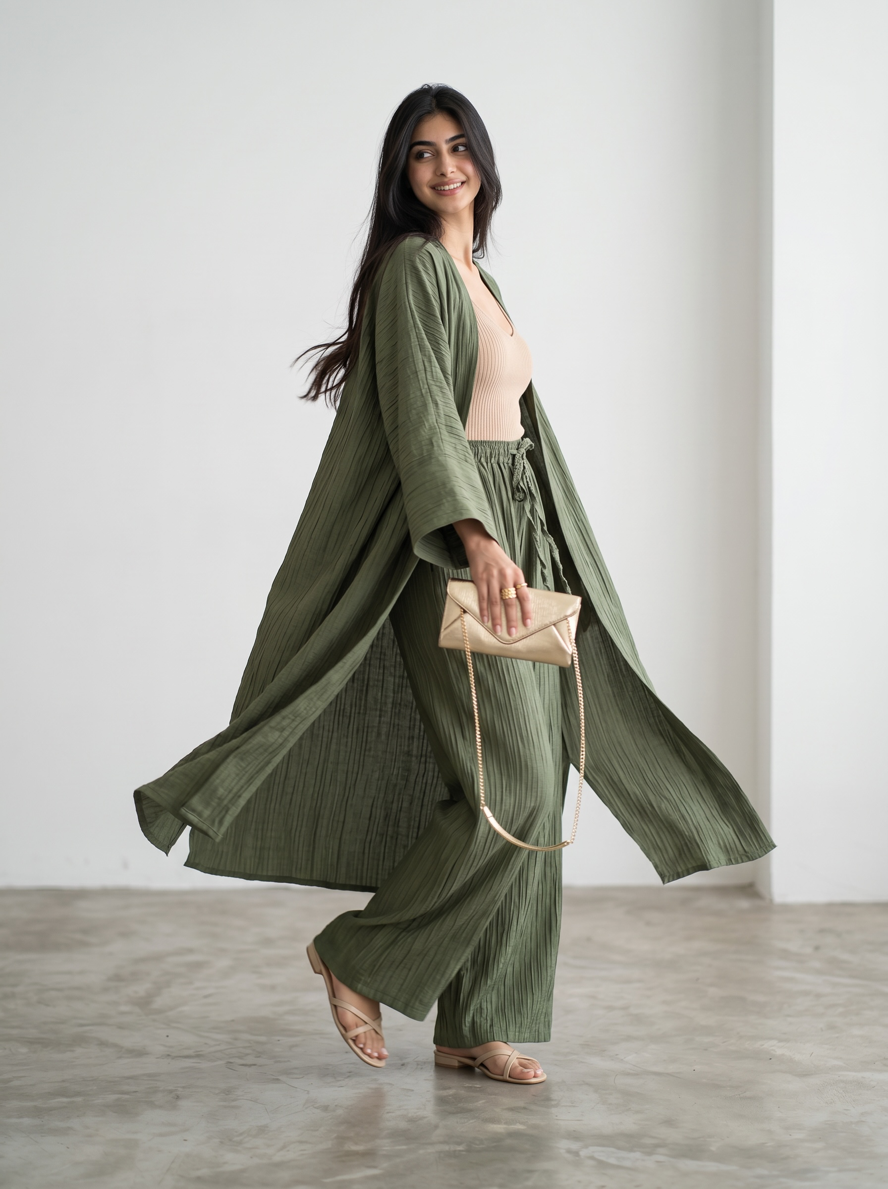 A woman modeling a matching olive green two-piece outfit consisting of a long-sleeve open-front cardigan and wide-leg pants, paired with a beige crop top, beige sandals, and a beige clutch bag.