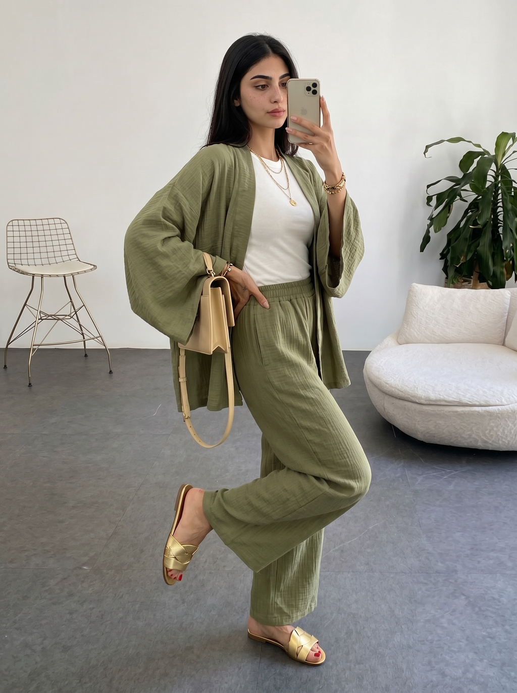 Short Kimono Co-ord Set – Wide Leg Pants (Green)