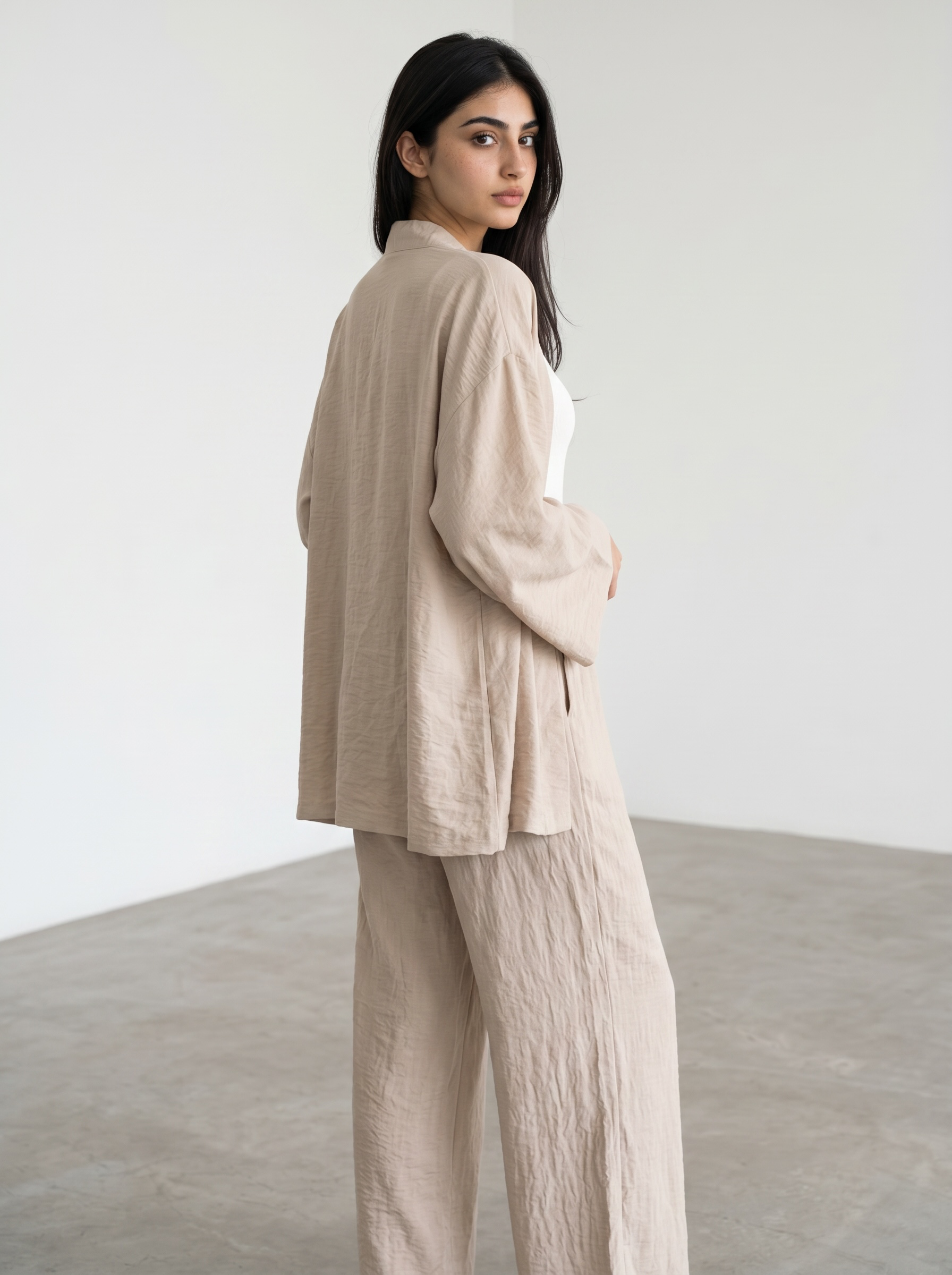 Short Kimono Co-ord Set – Wide Leg Pants (Beige)