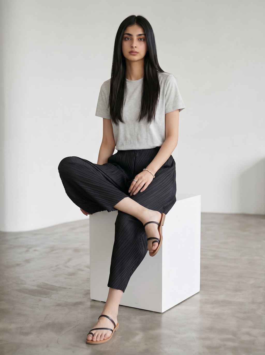 Pleated Wide Leg Leaf Pants (Black)