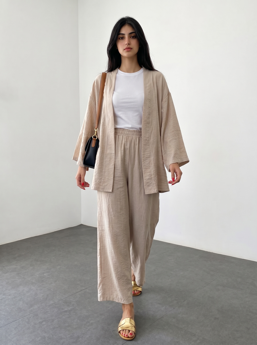 Short Kimono Co-ord Set – Wide Leg Pants (Beige)