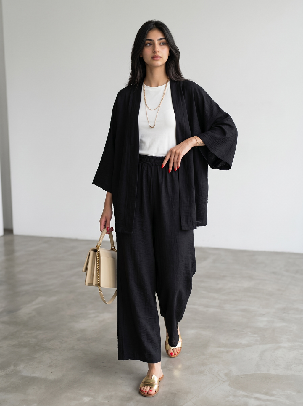 Short Kimono Co-ord Set – Wide Leg Pants (Black)