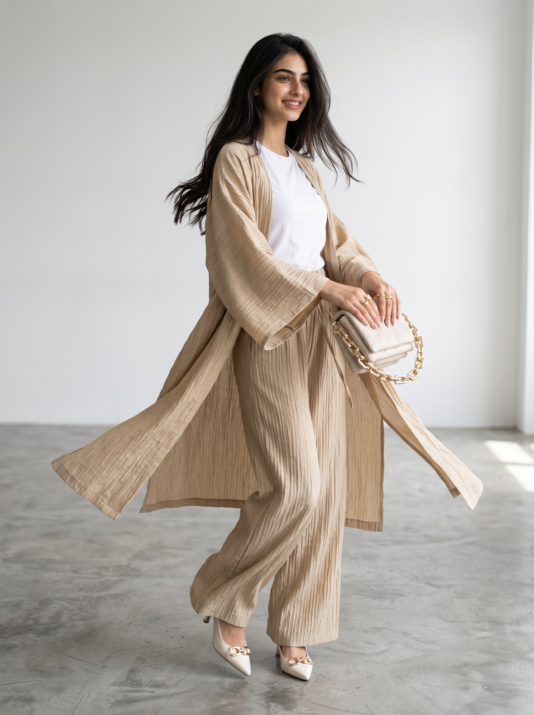 Long Kimono Co-ord Set – Wide Leg Pants (Sand)