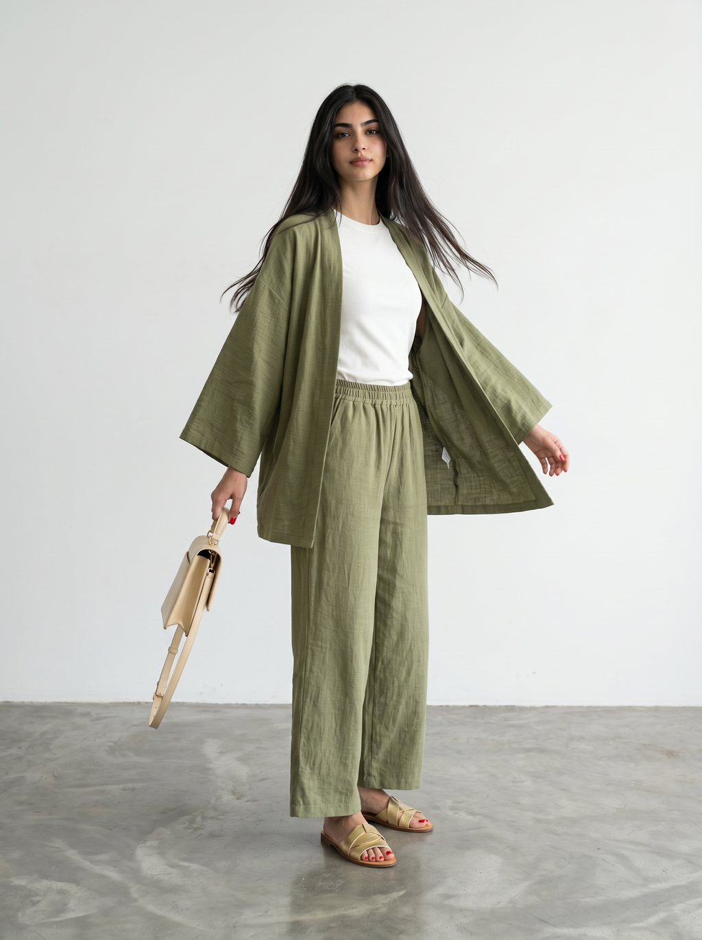 Short Kimono Co-ord Set – Wide Leg Pants (Green)