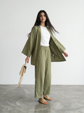 Short Kimono Co-ord Set – Wide Leg Pants (Green)