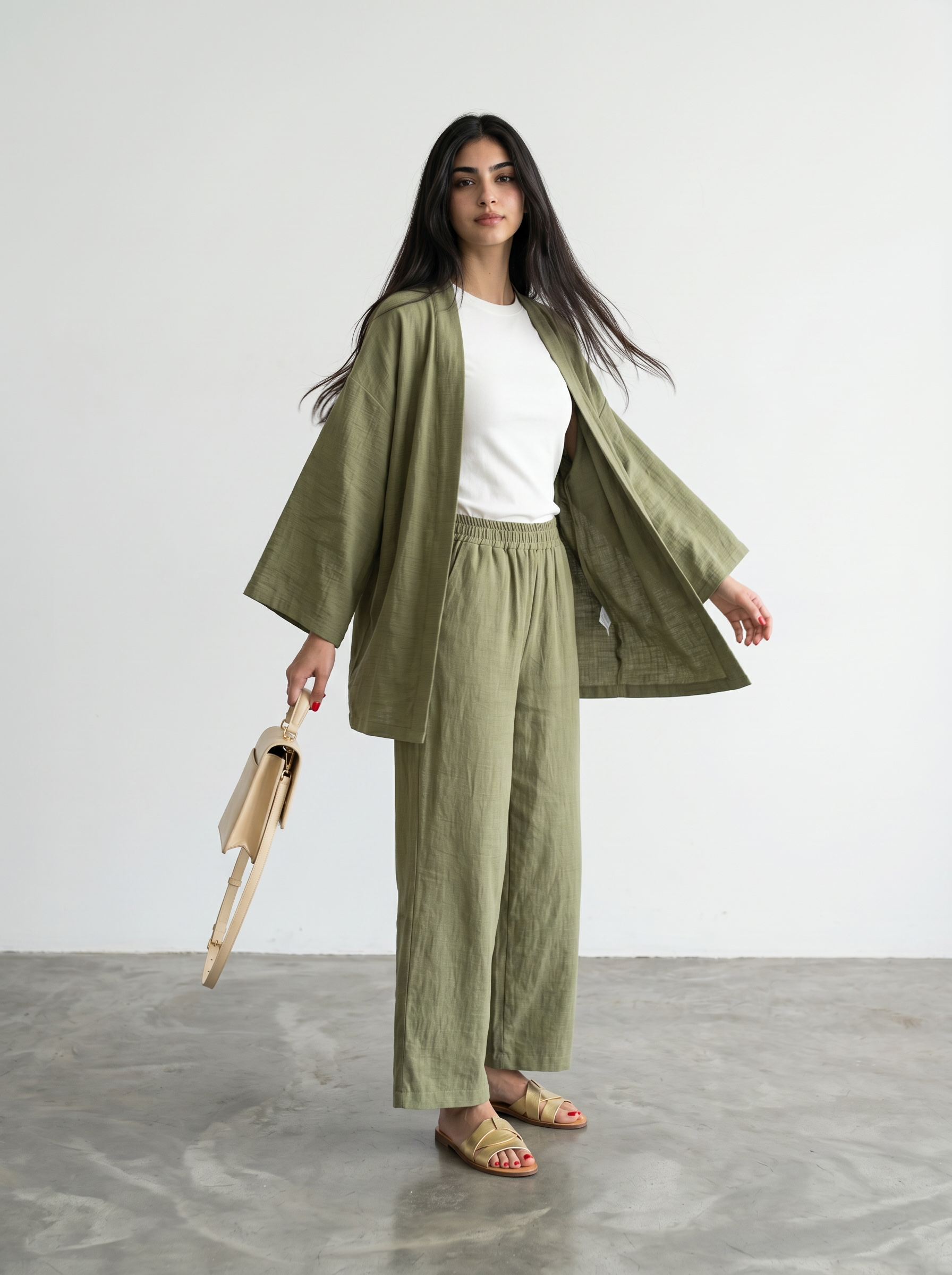 Short Kimono Co-ord Set – Wide Leg Pants (Green)