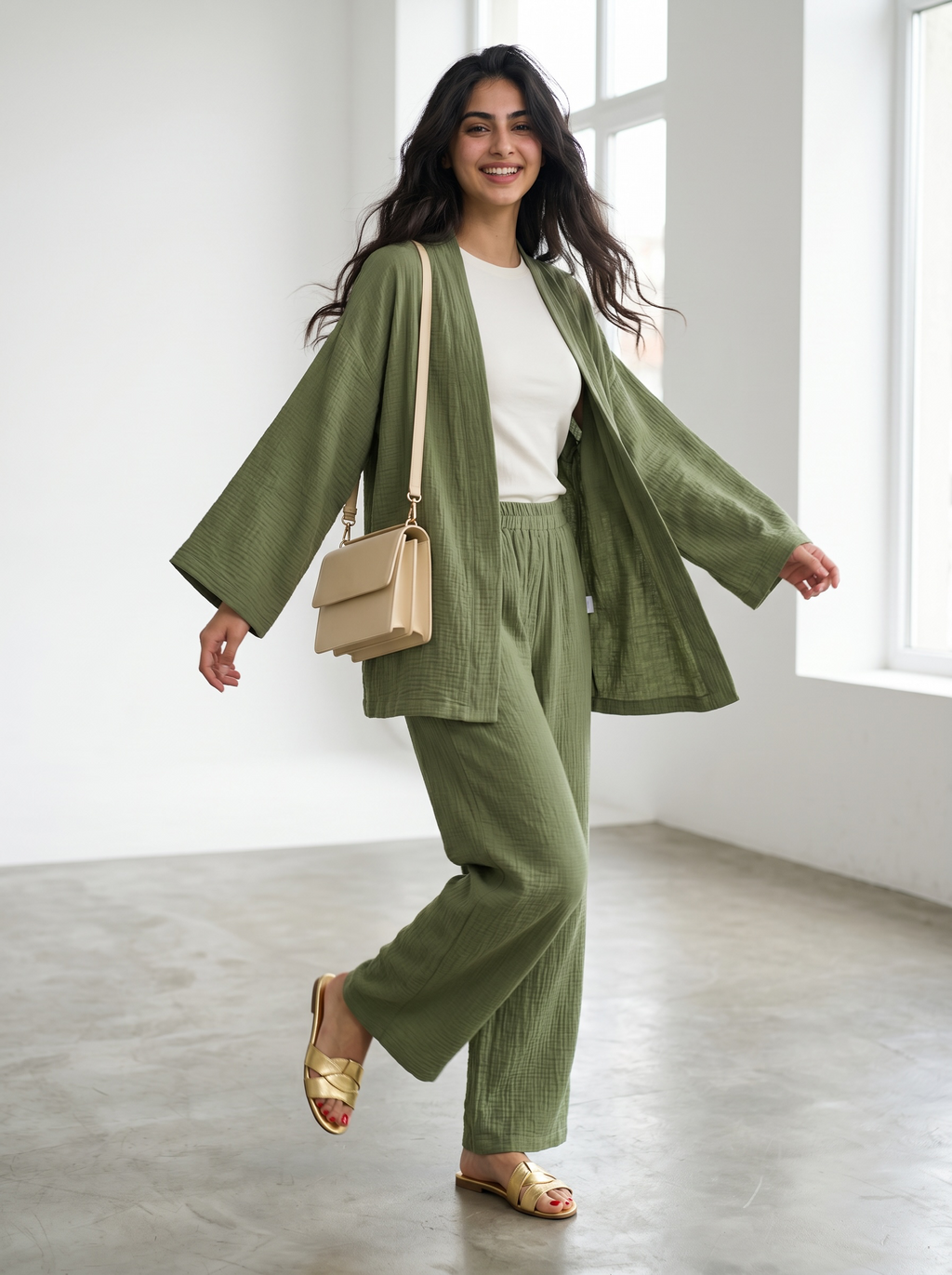 Short Kimono Co-ord Set – Wide Leg Pants (Green)