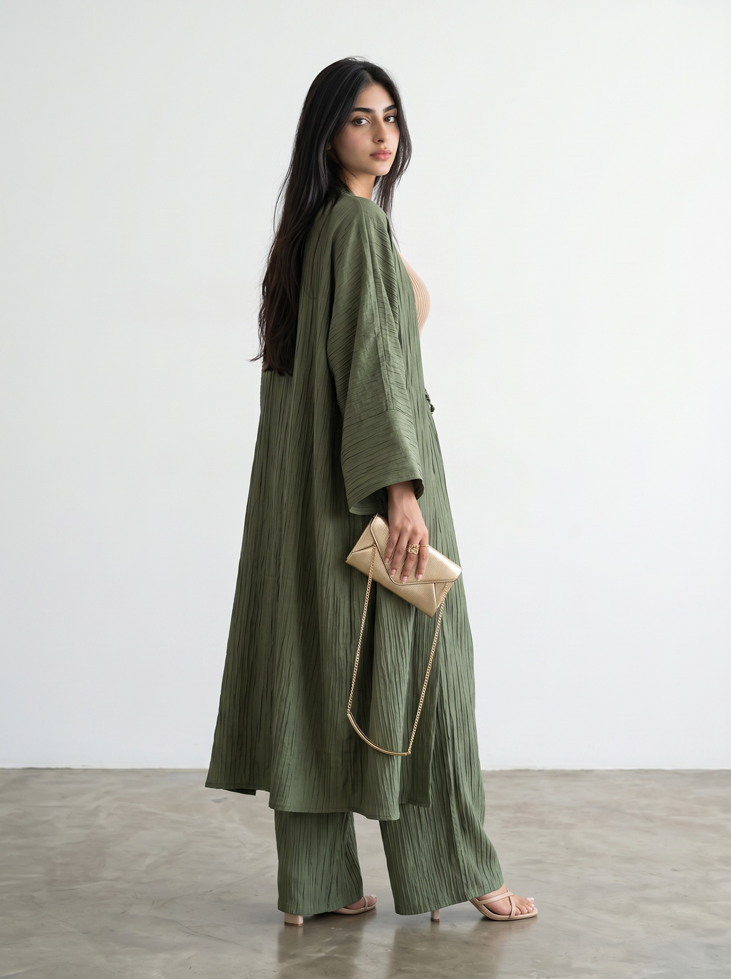 Long Kimono Co-ord Set – Wide Leg Pants sage green)