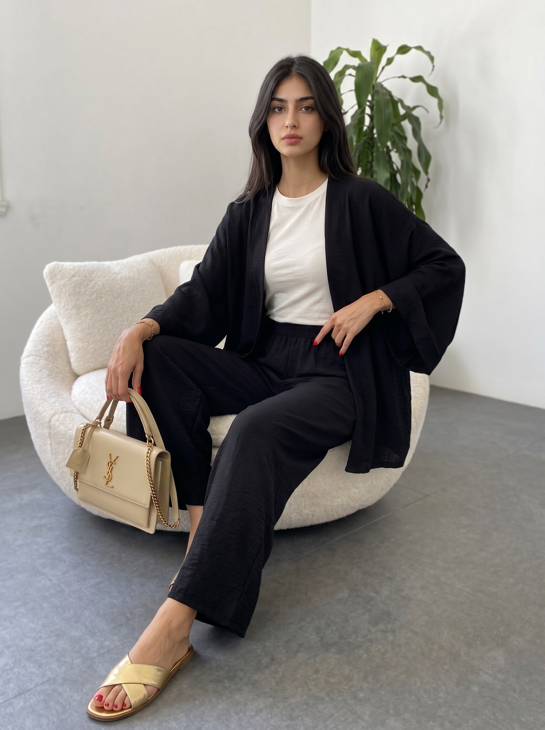 Short Kimono Co-ord Set – Wide Leg Pants (Black)