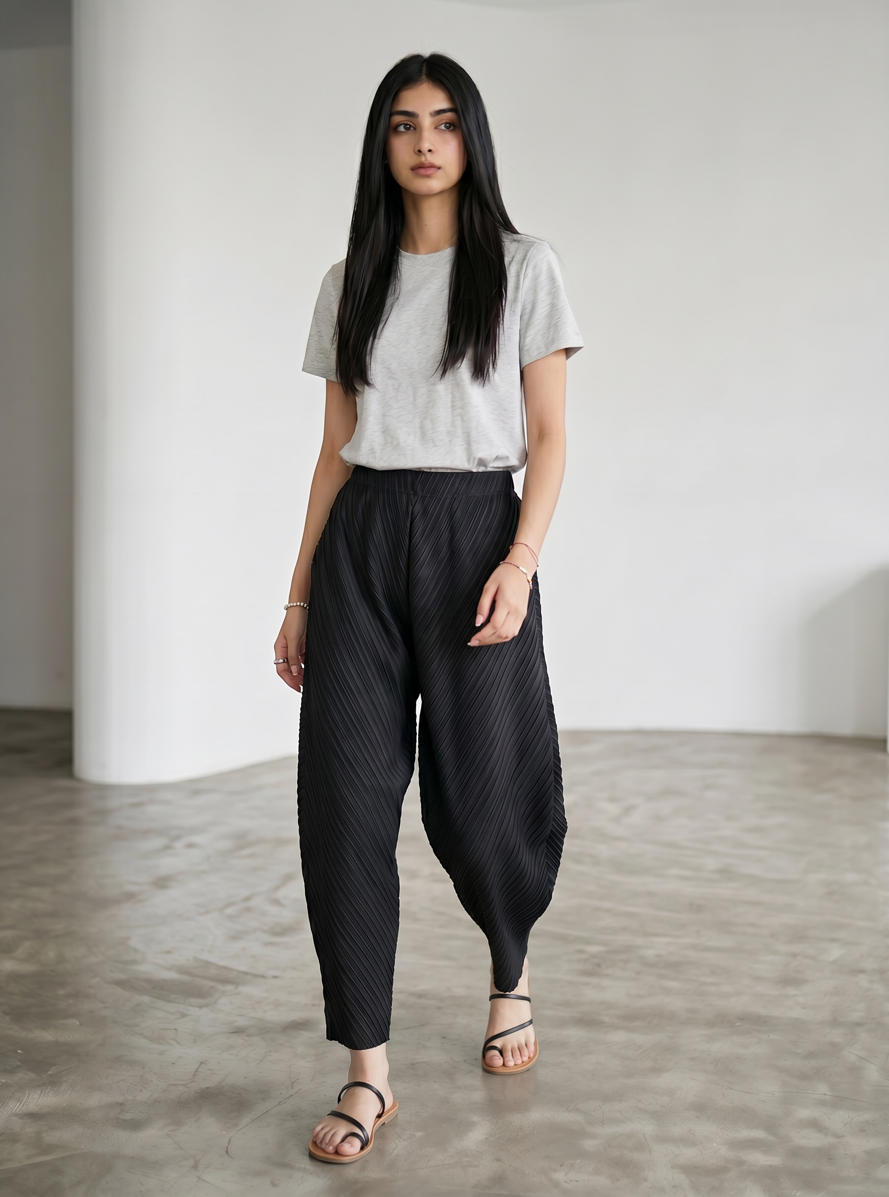 Pleated Wide Leg Leaf Pants (Black)
