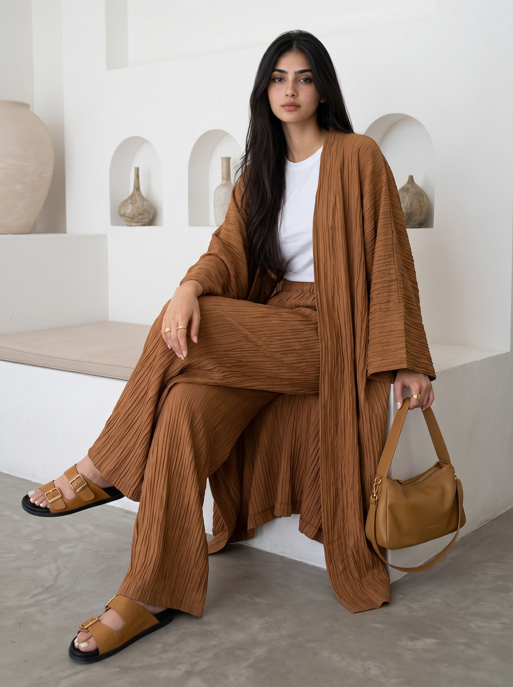 Long Kimono Co-ord Set, Wide Leg Pants (Rust)