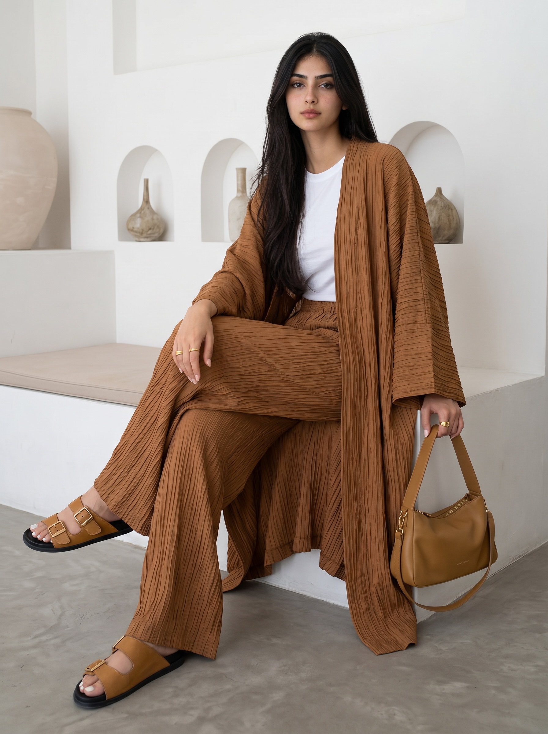 Long Kimono Co-ord Set, Wide Leg Pants (Rust)