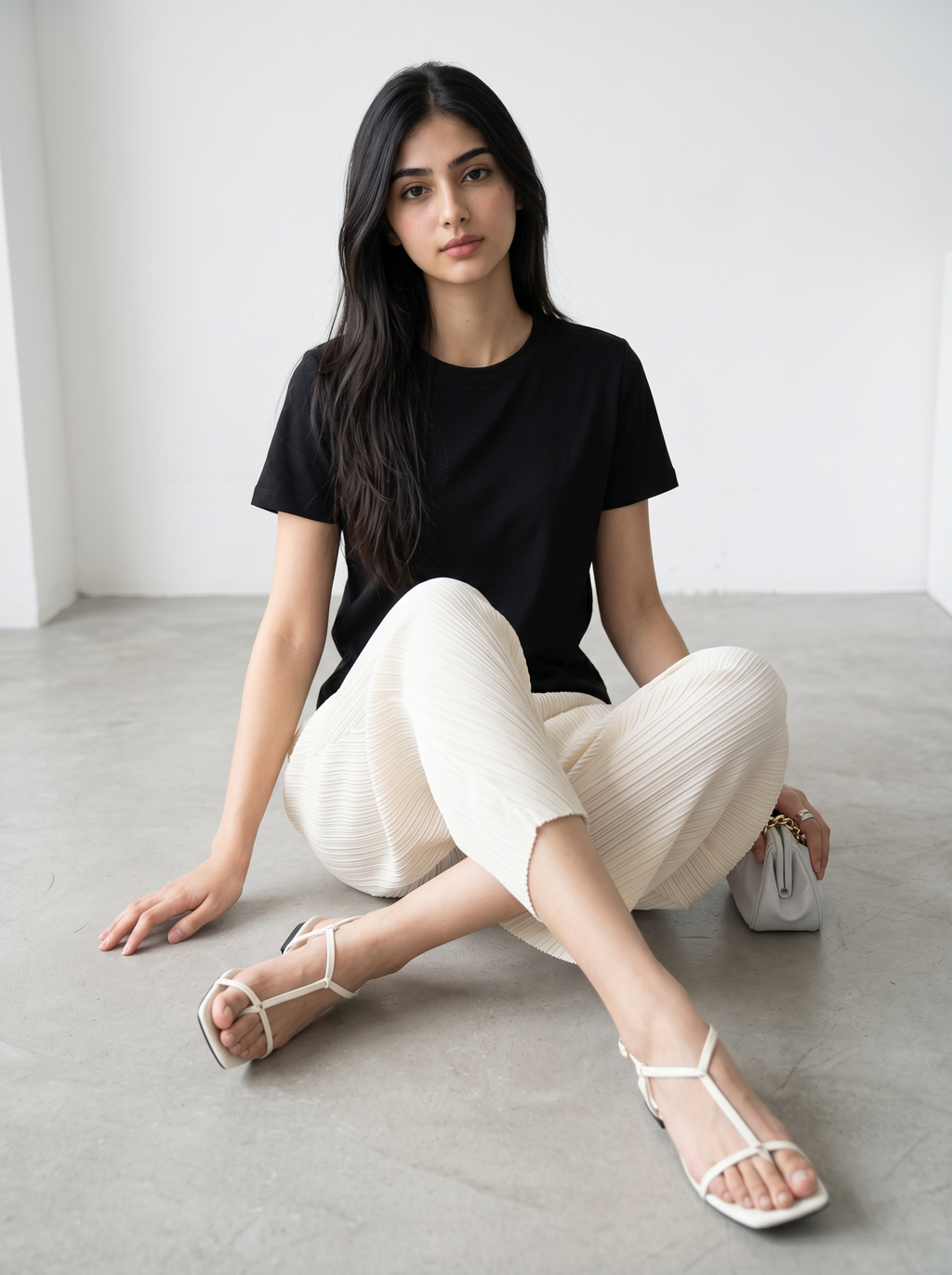 Pleated Wide Leg Leaf Pants (Cream)